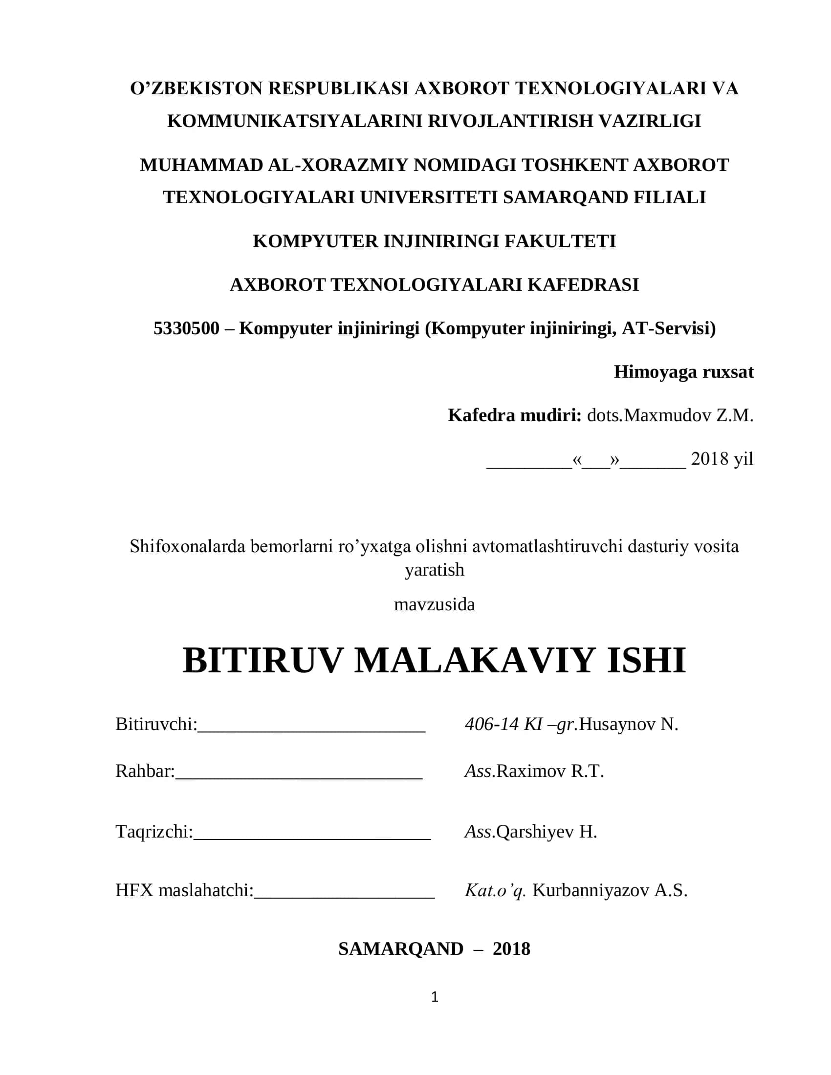 Shifoxonalarda bemorlarni ro’yxatga olishni avtomatlashtiruvchi dasturiy vosita yaratish