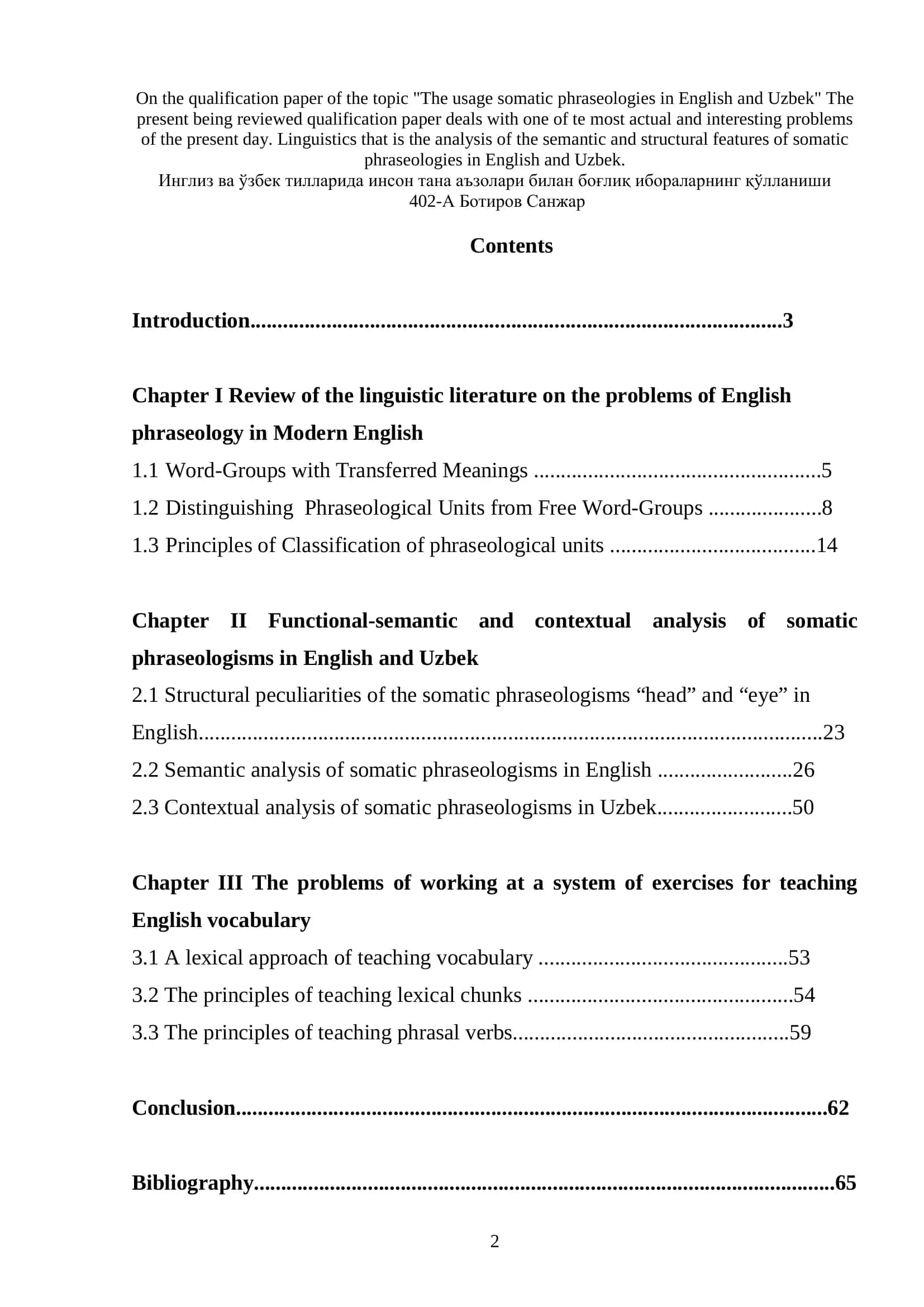 On the qualification paper of the topic "The usage somatic phraseologies in English and Uzbek"