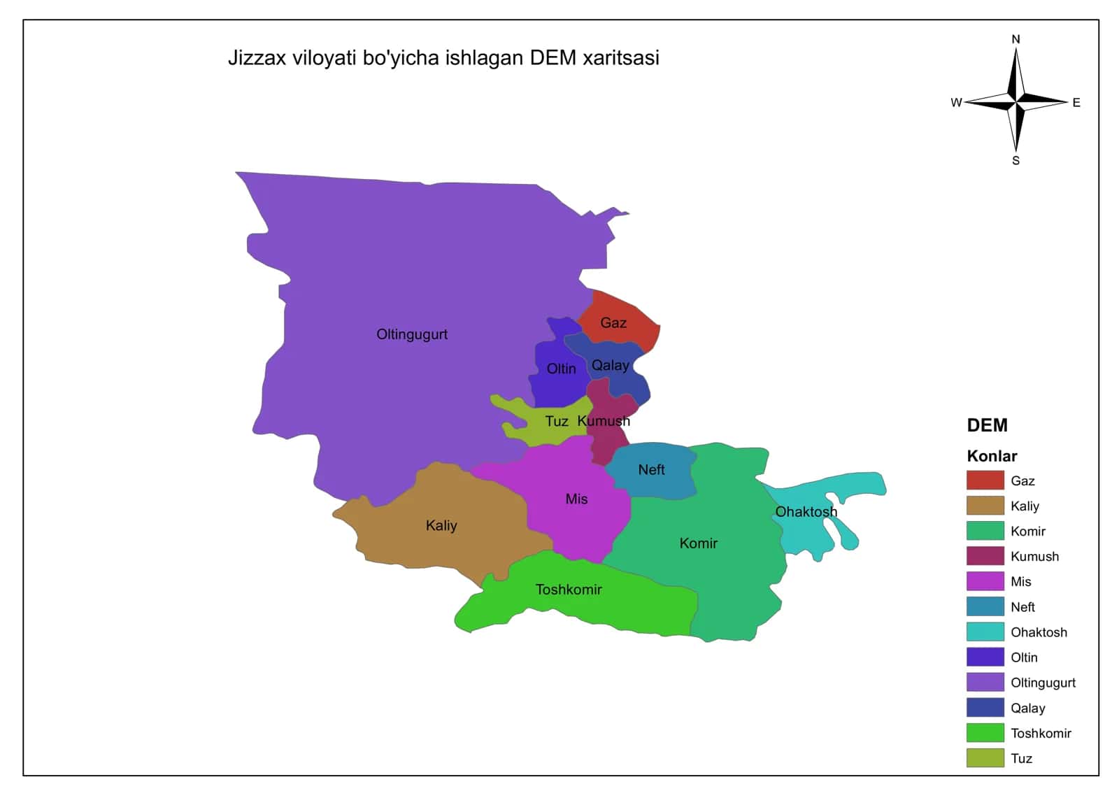 Jizzax viloyati bo'yicha ishlagan DEM xaritsasi