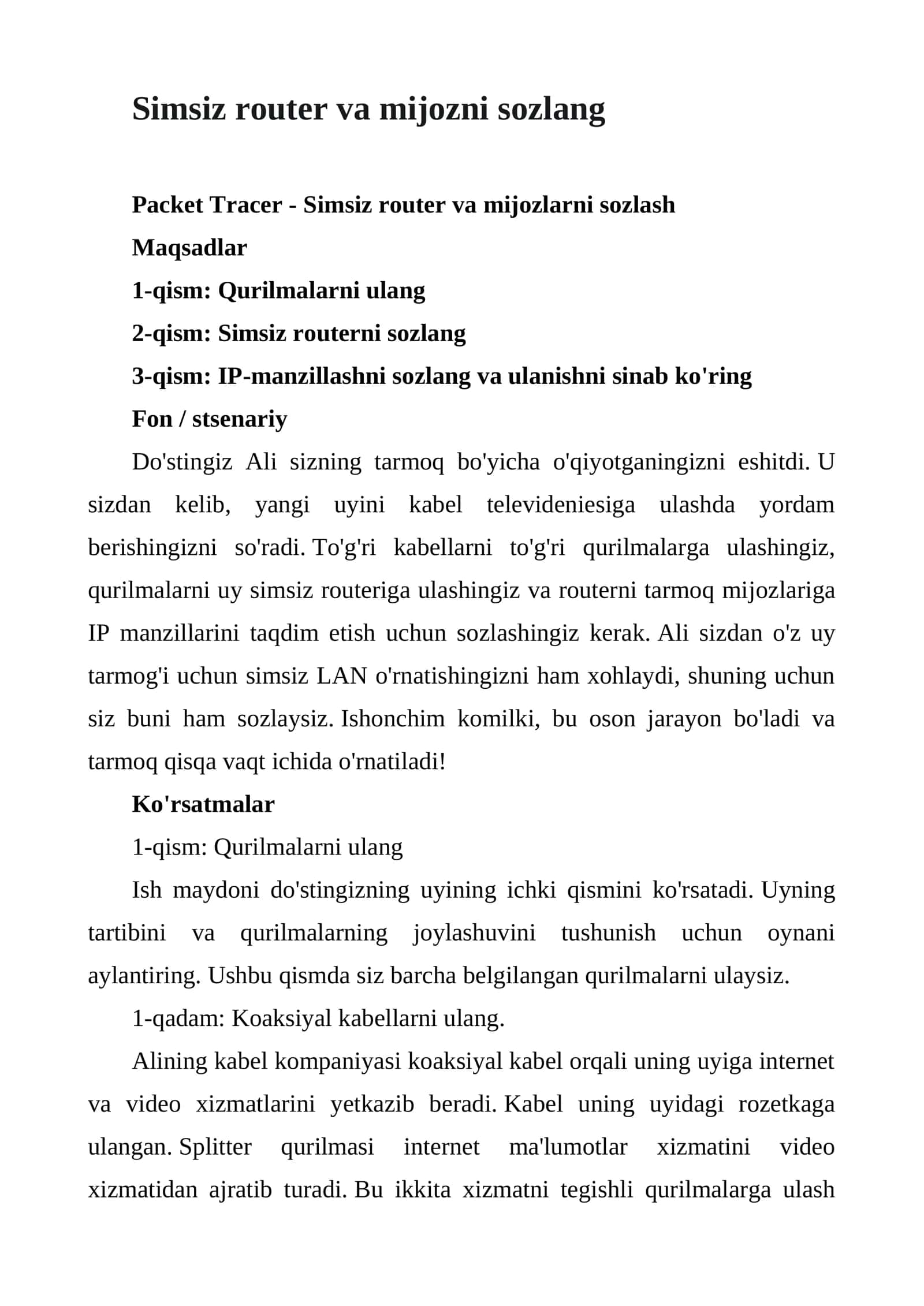 Packet Tracer - Simsiz router va mijozlarni sozlash