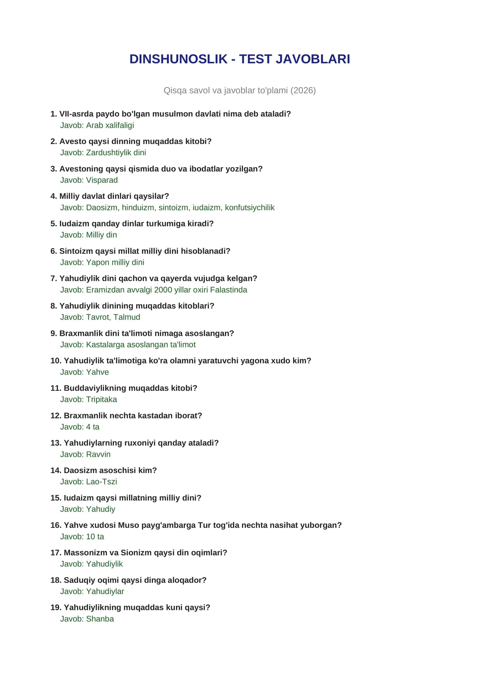 DINSHUNOSLIK - TEST JAVOBLARI
