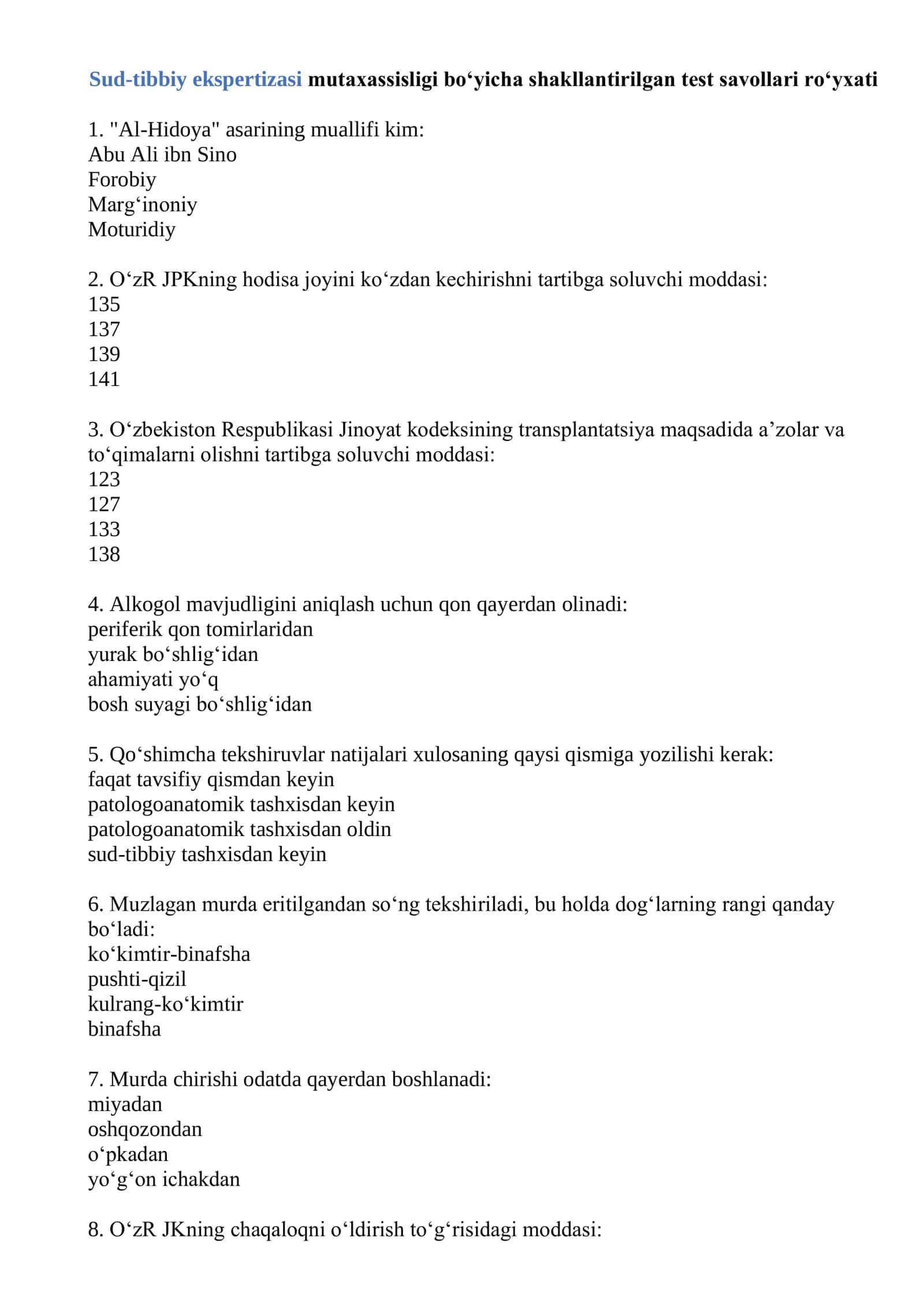 Sud-tibbiy ekspertizasi mutaxassisligi boʻyicha shakllantirilgan test savollari roʻyxati 2026