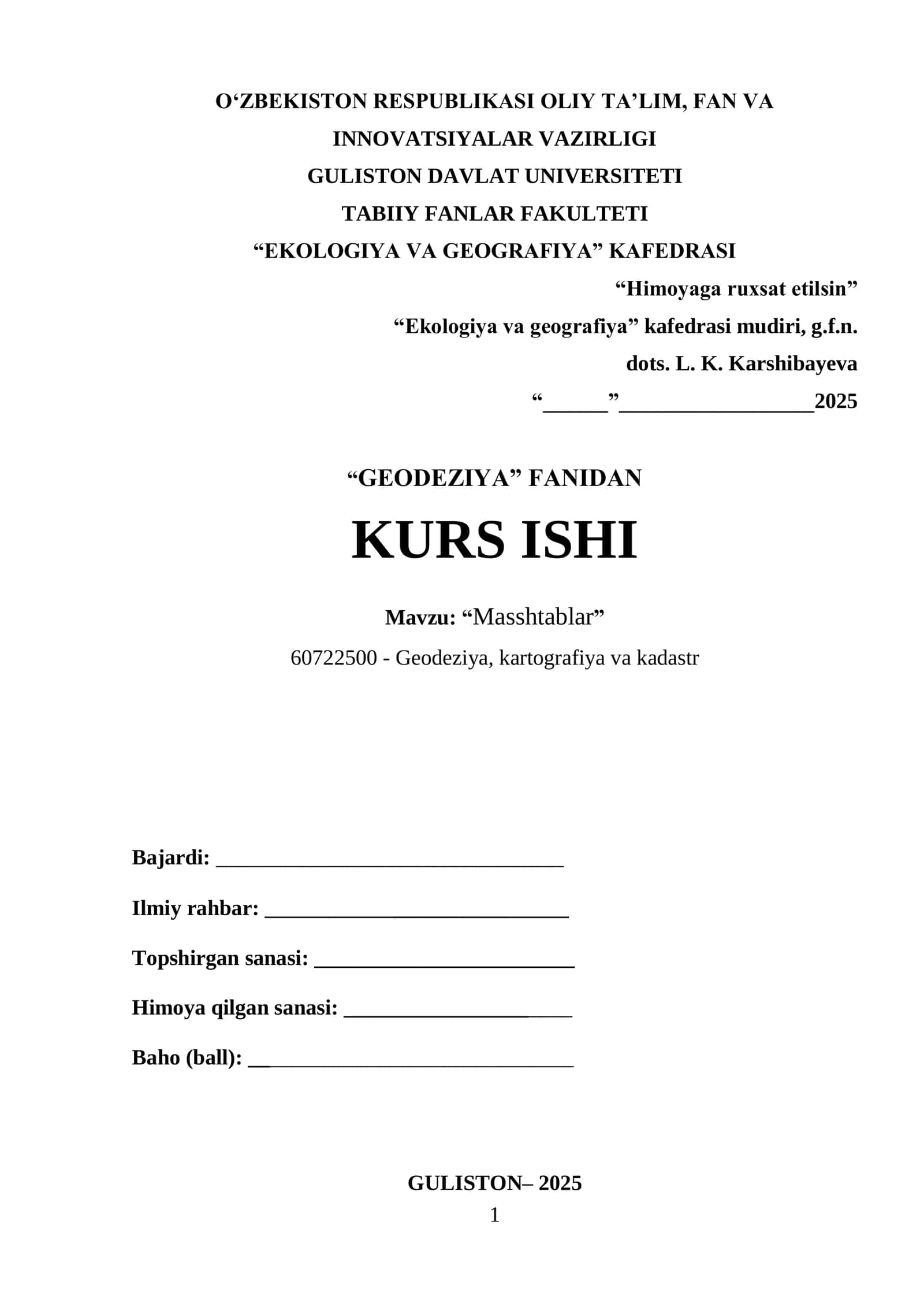 "GEODEZIYA" FANIDAN KURS ISHI