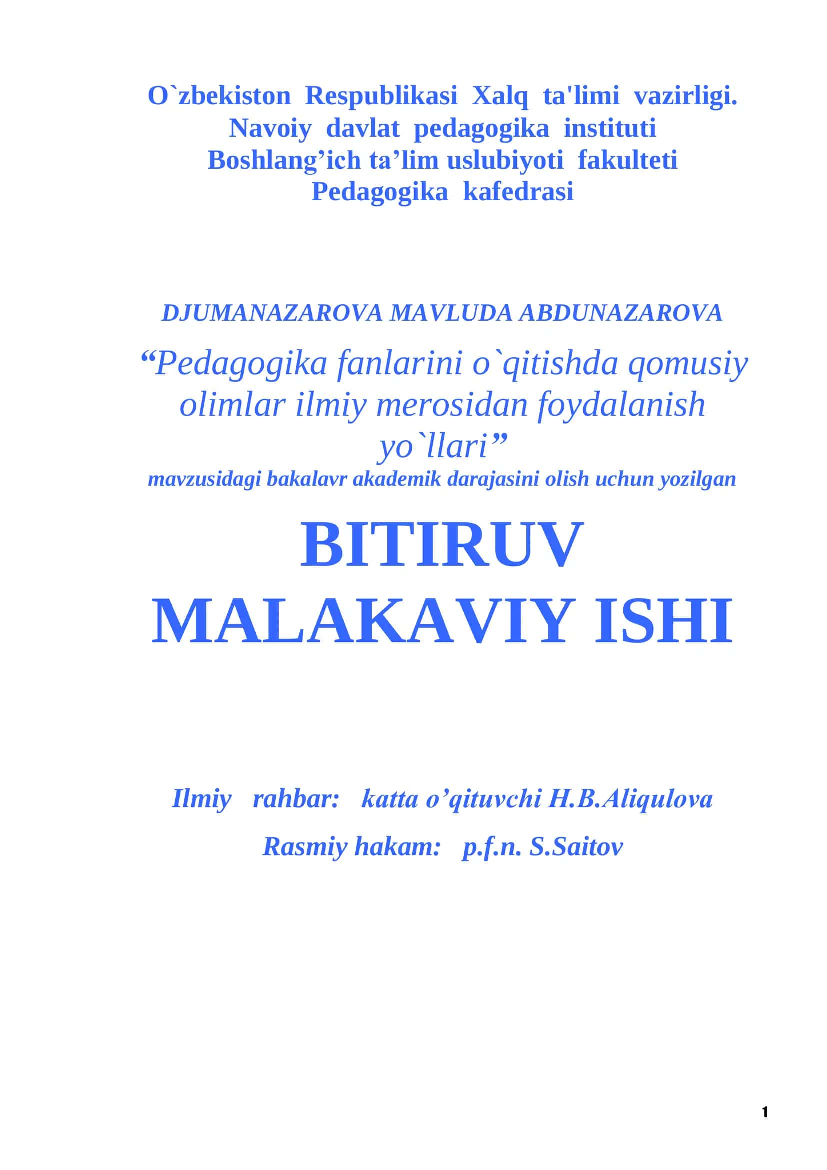 Barkamol avlod tarbiyasi pedagogika fanlarini o`qitish: Murabbiy faoliyati