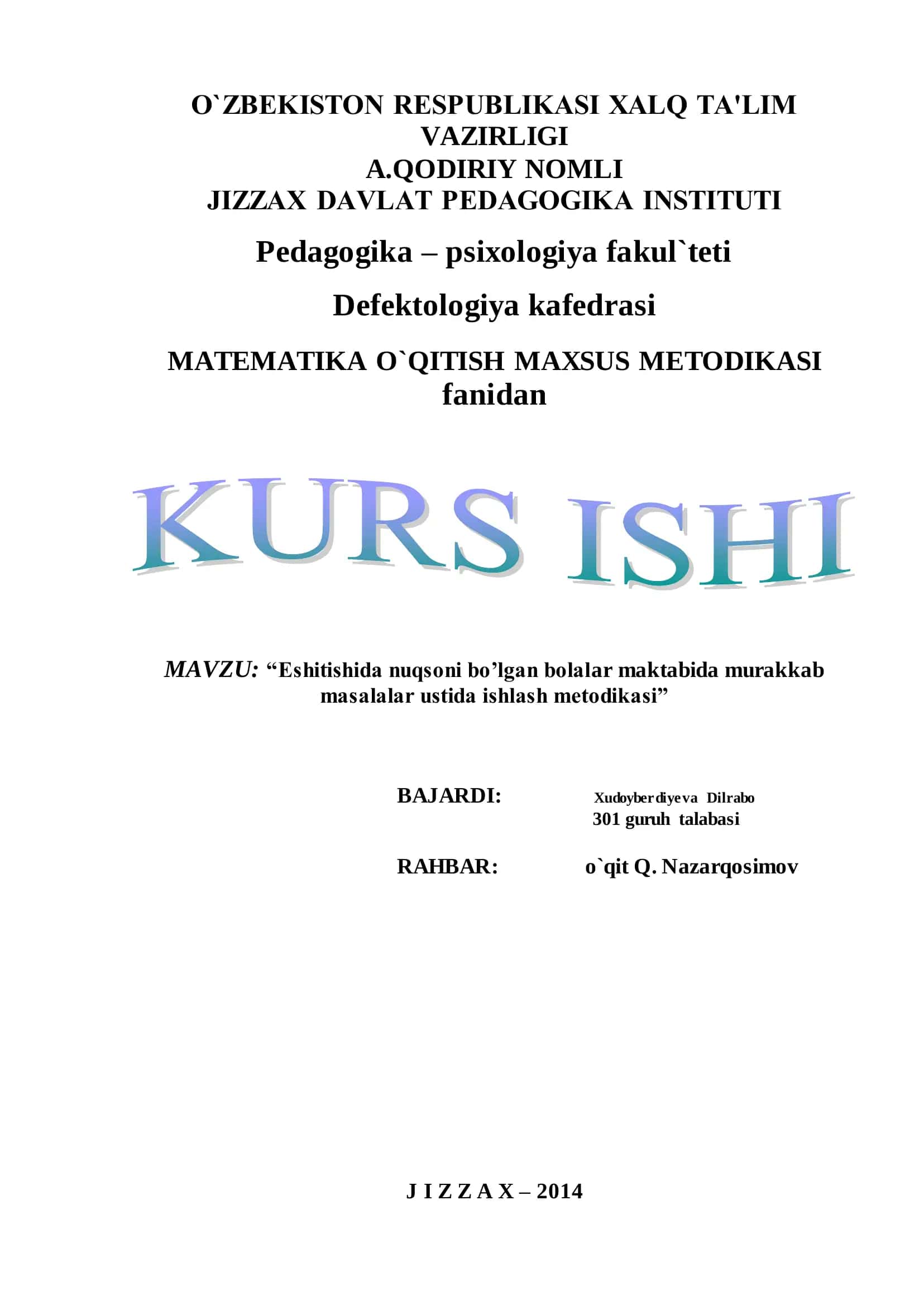 MATEMATIKA O`QITISH MAXSUS METODIKASI