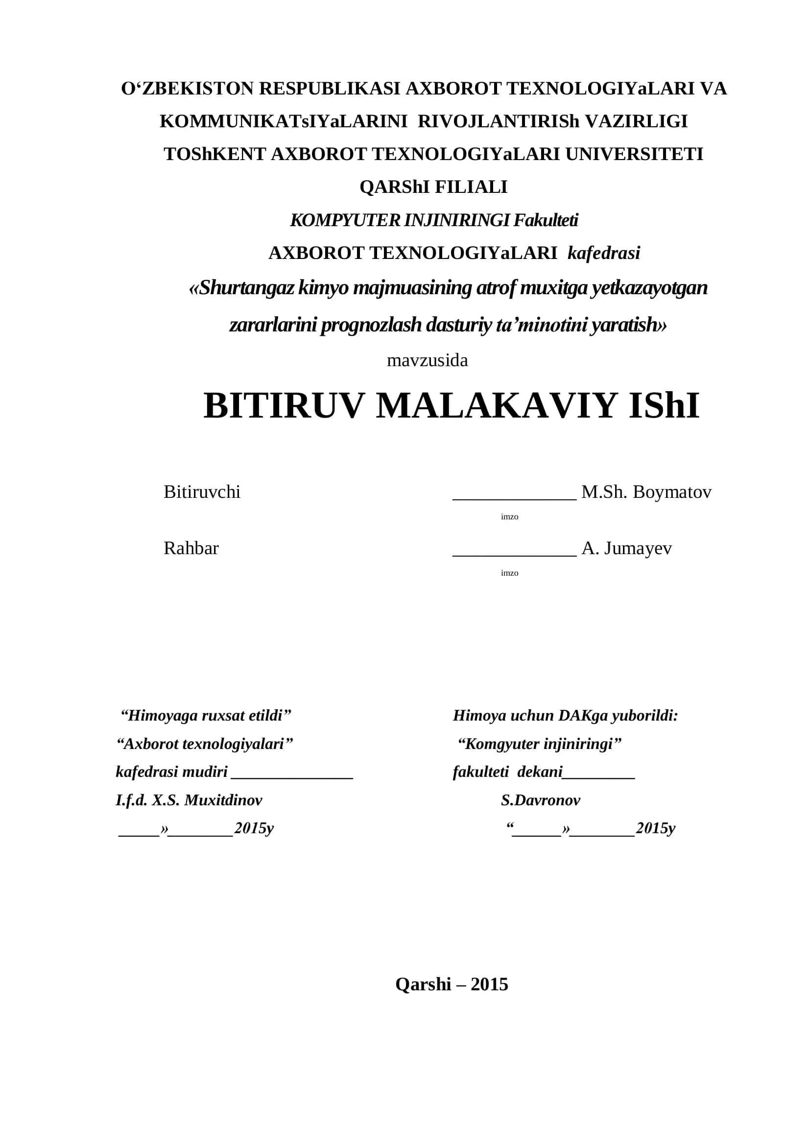Shurtangaz kimyo majmuasining atrof muxitga yetkazayotgan zararlarini prognozlash dasturiy ta‟minotini yaratish