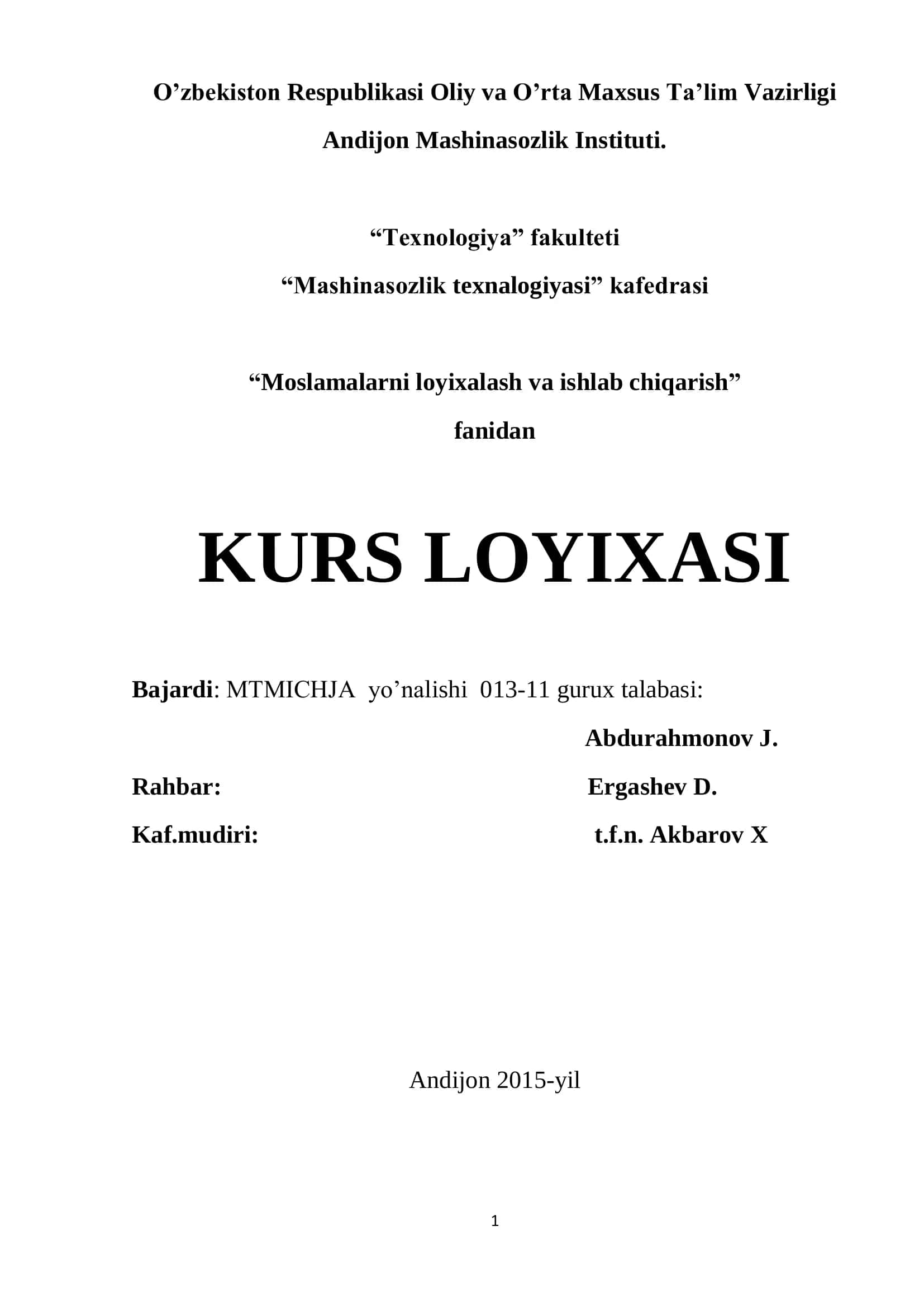 Korpu qopqog’i detalini tayyorlash texnologik jarayoni