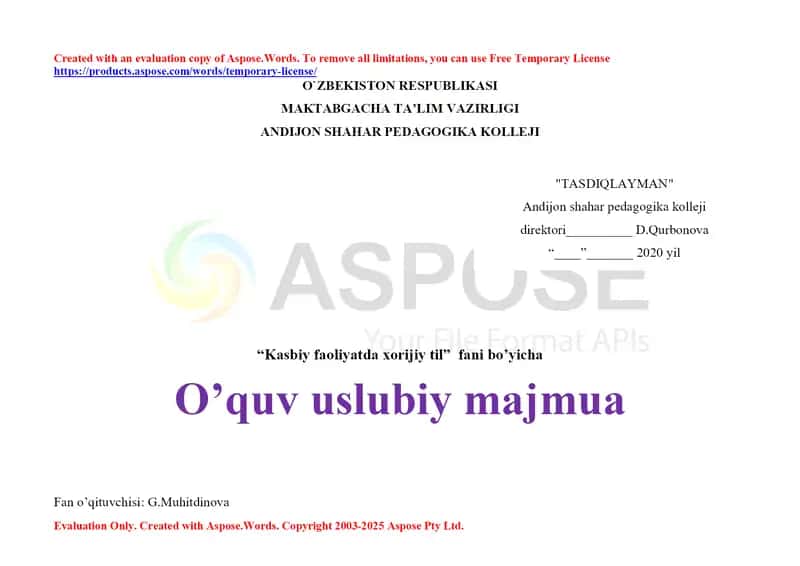 O‘quv-uslubiy majmua “Kasbiy faoliyatda xorijiy til” fani bo‘yicha