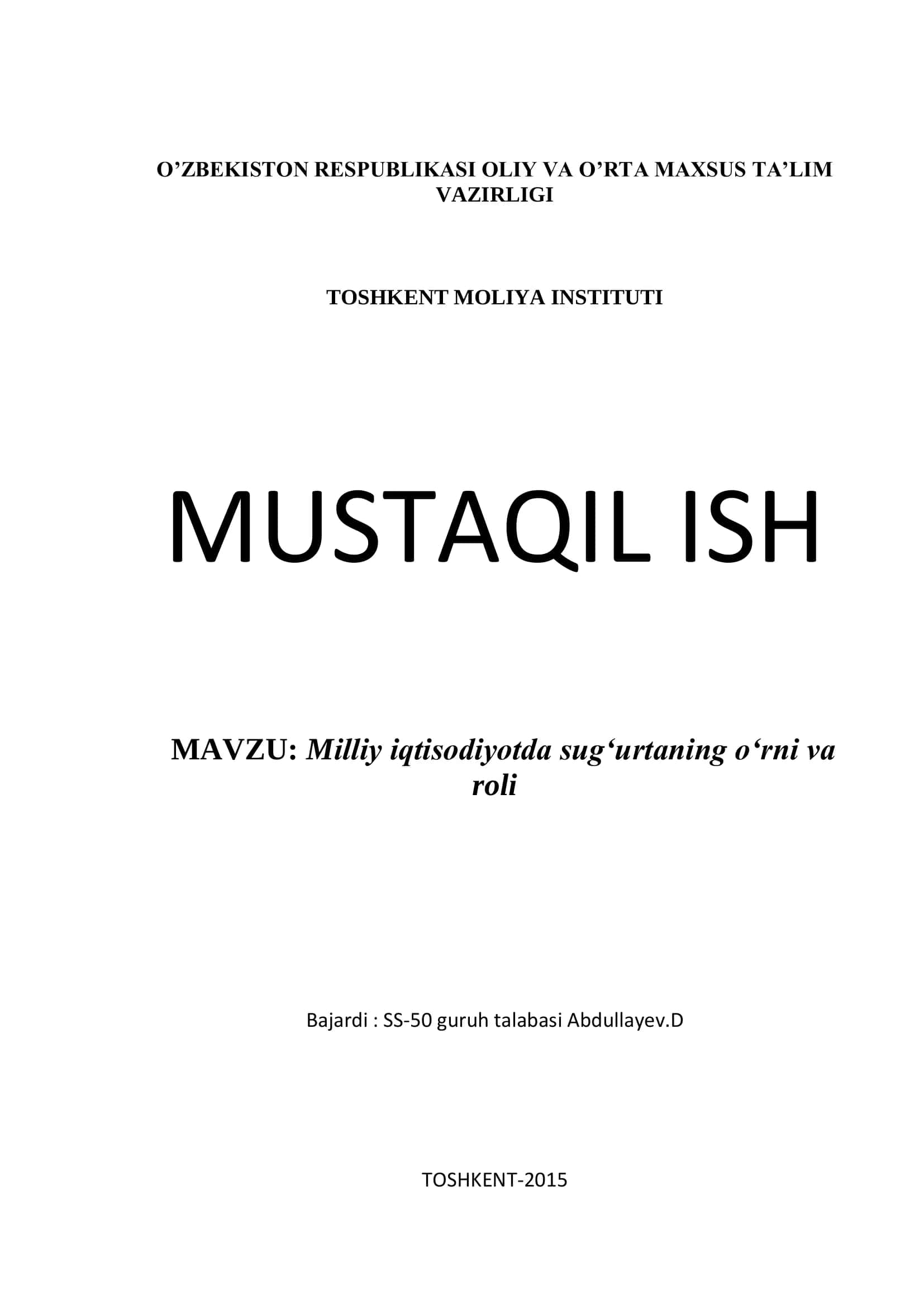 Milliy iqtisodiyotda sug‘urtaning o‘rni va roli
