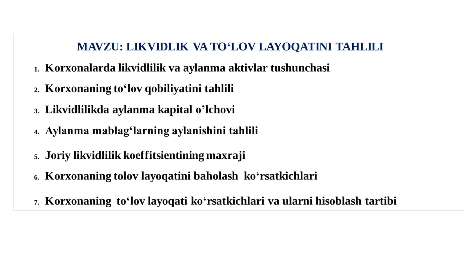 LIKVIDLIK VA TО'LOV LAYОQATINI TAHLILI