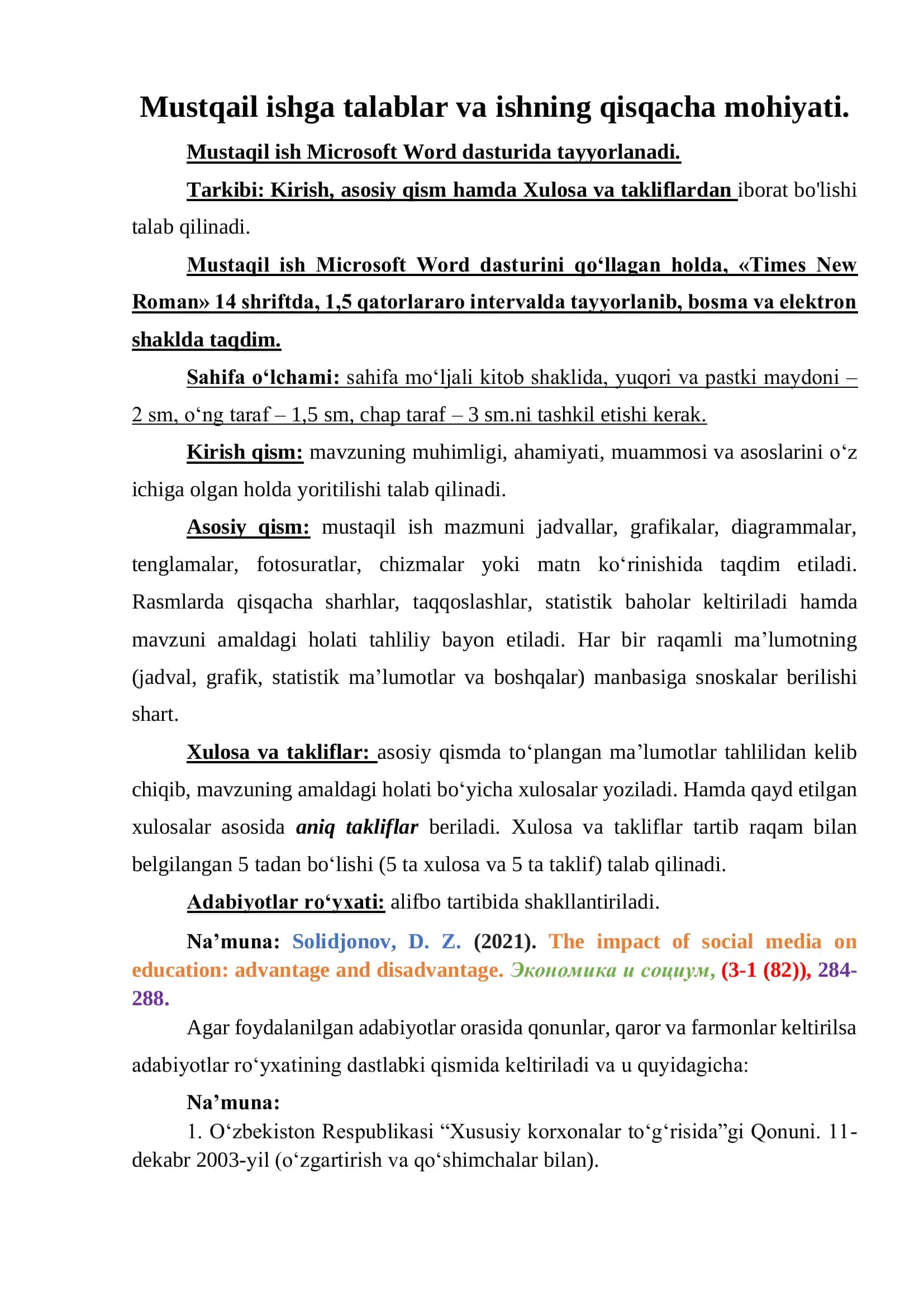 Mustaqil ish talablari