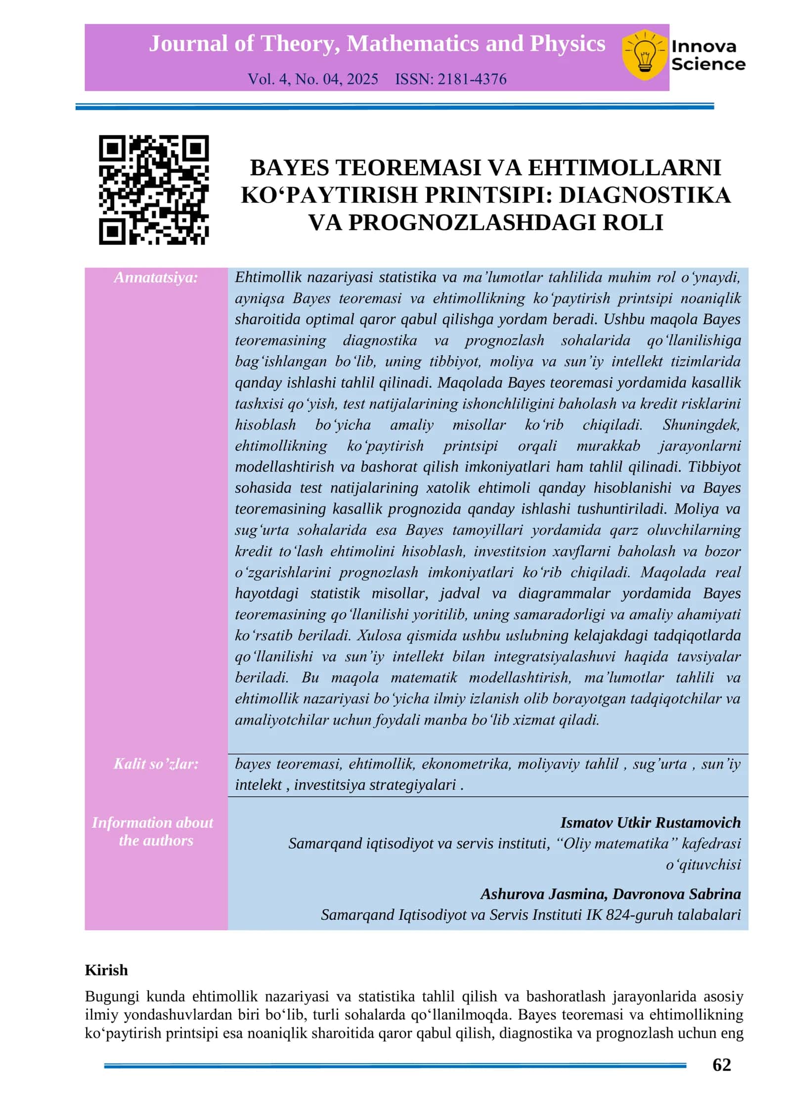 Bayes teoremasi va ehtimollarni ko‘paytirish printsipi: Diagnostika va prognozlashdagi roli