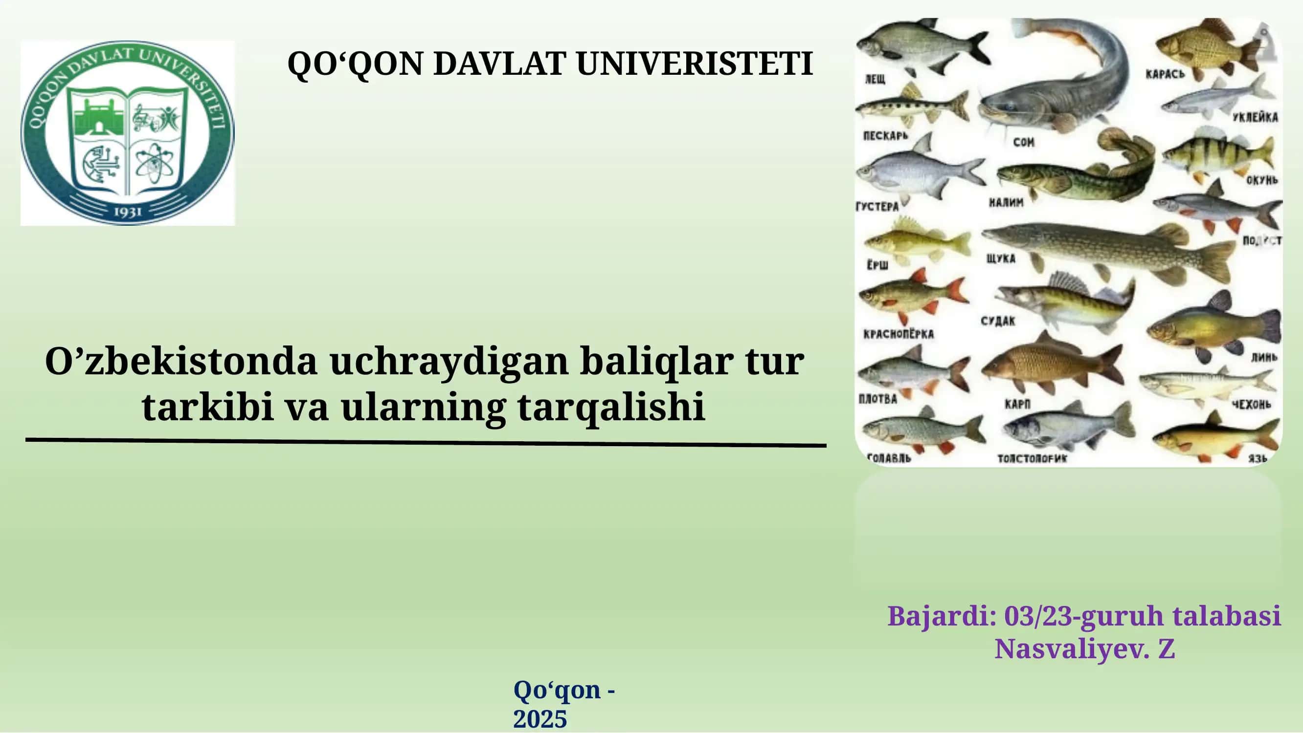 O'zbekistonda uchraydigan baliqlar tur tarkibi va ularning tarqalishi