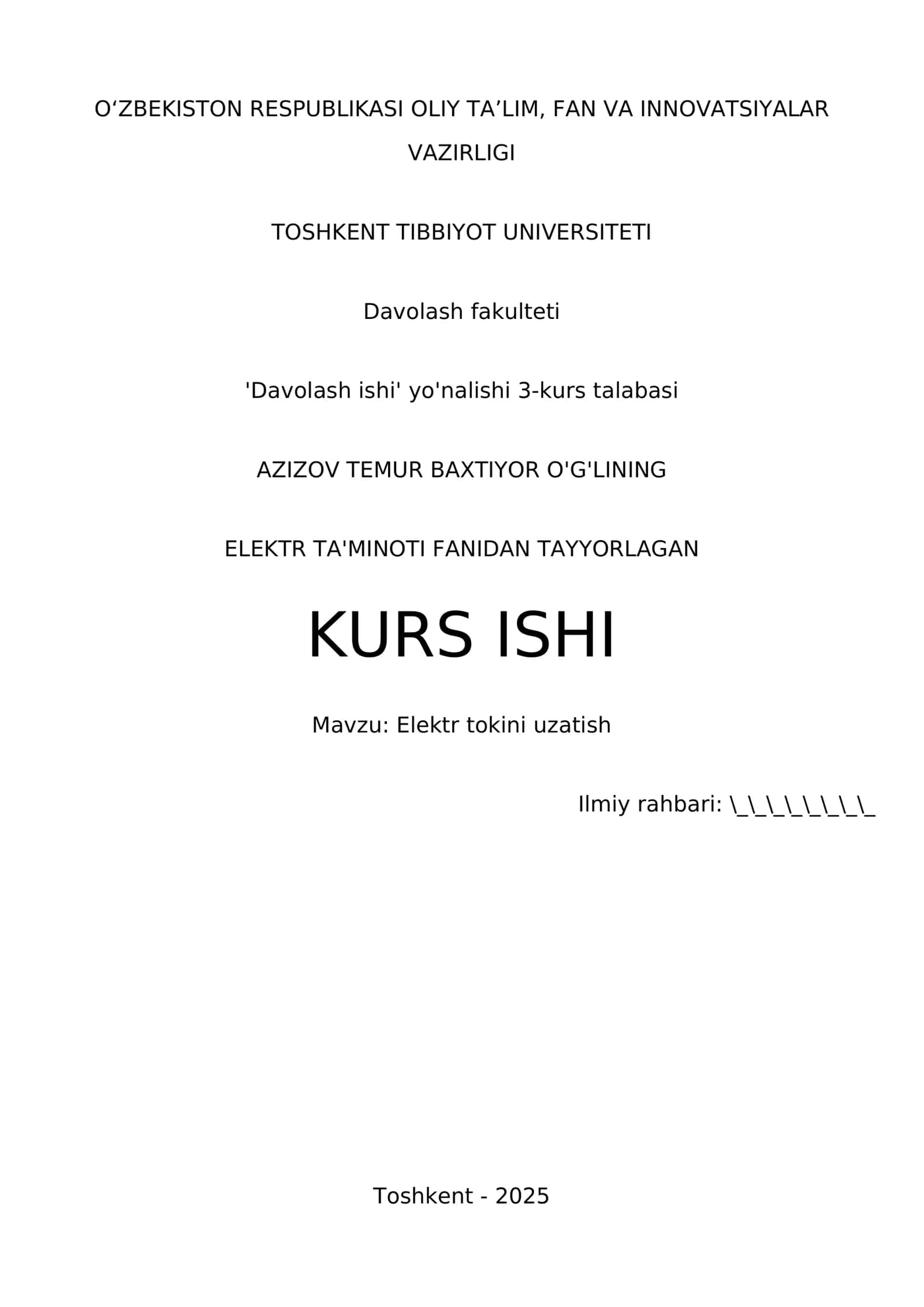 Elektr tokini uzatish kurs ishi