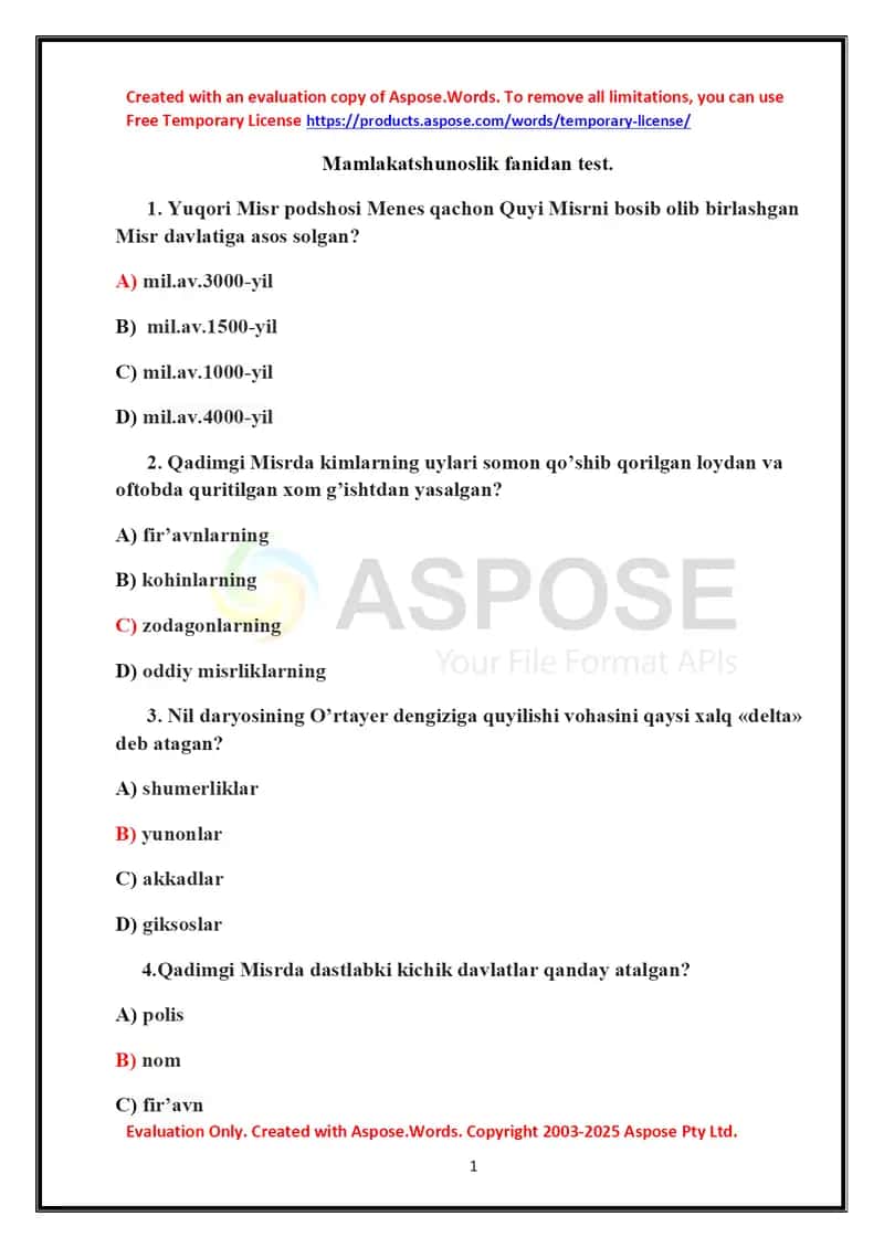 Mamlakatshunoslik fanidan test