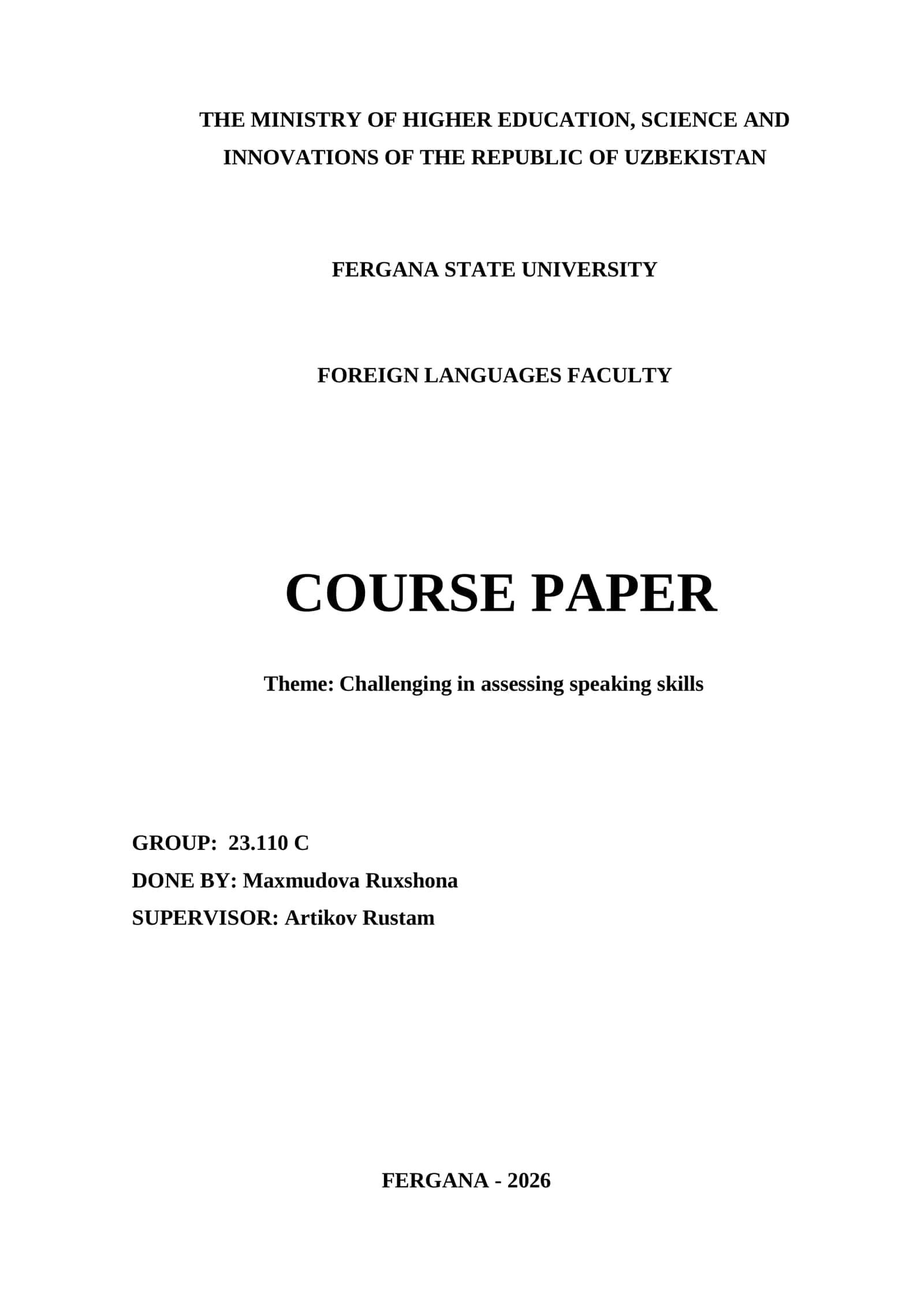 Course Paper: Challenging in assessing speaking skills