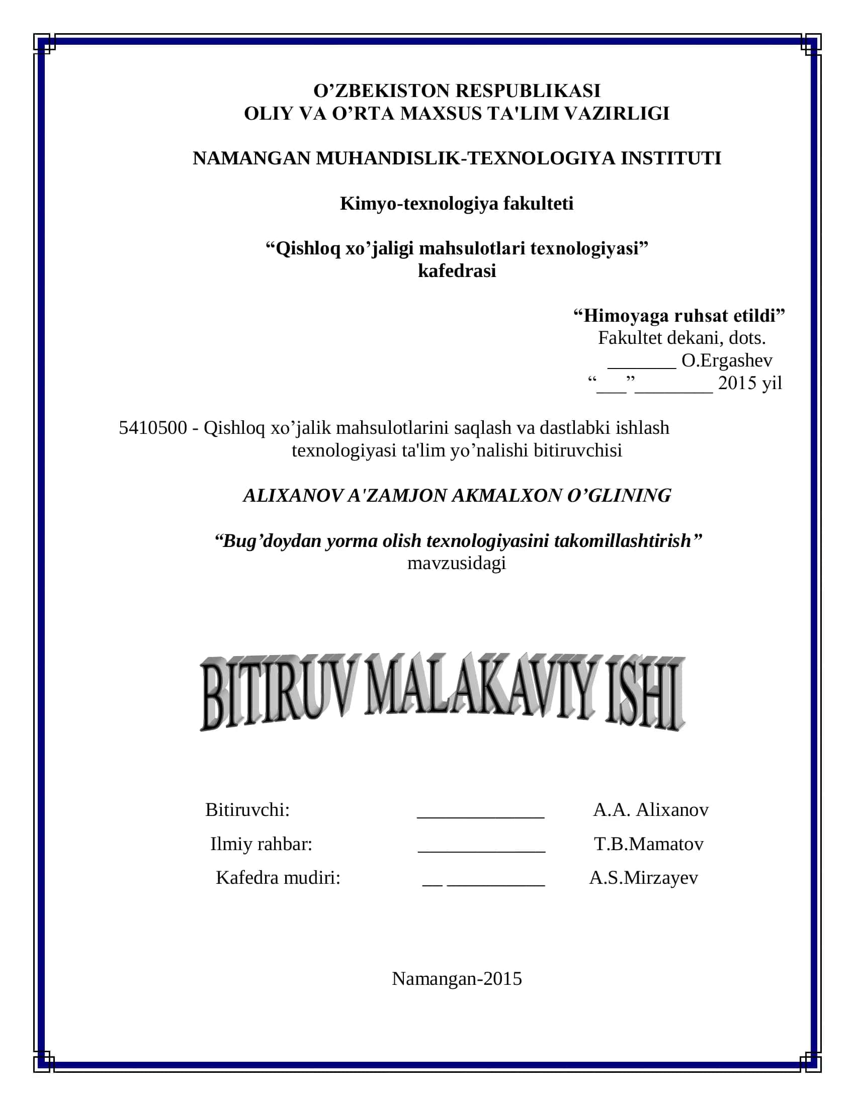 Bug’doydan yorma olish texnologiyasini takomillashtirish