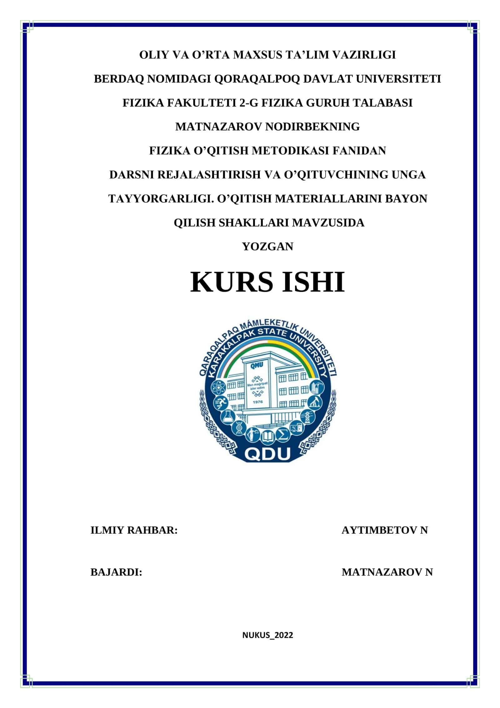 FIZIKA O’QITISH METODIKASI FANIDAN DARSNI REJALASHTIRISH VA O’QITUVCHINING UNGA TAYYORGARLIGI. O’QITISH MATERIALLARINI BAYON QILISH SHAKLLARI