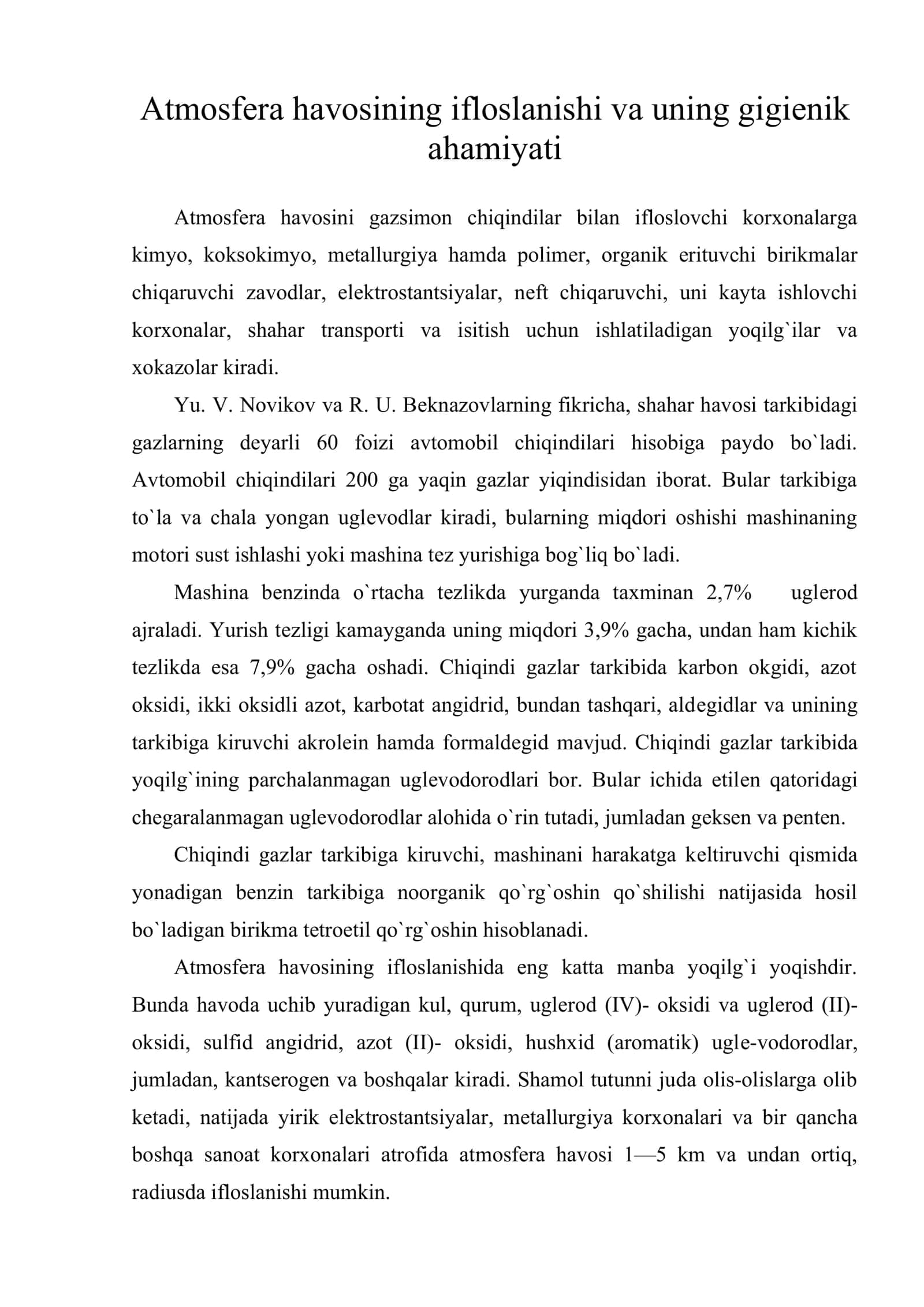 Atmosfеra havosining ifloslanishi va uning gigiеnik ahamiyati