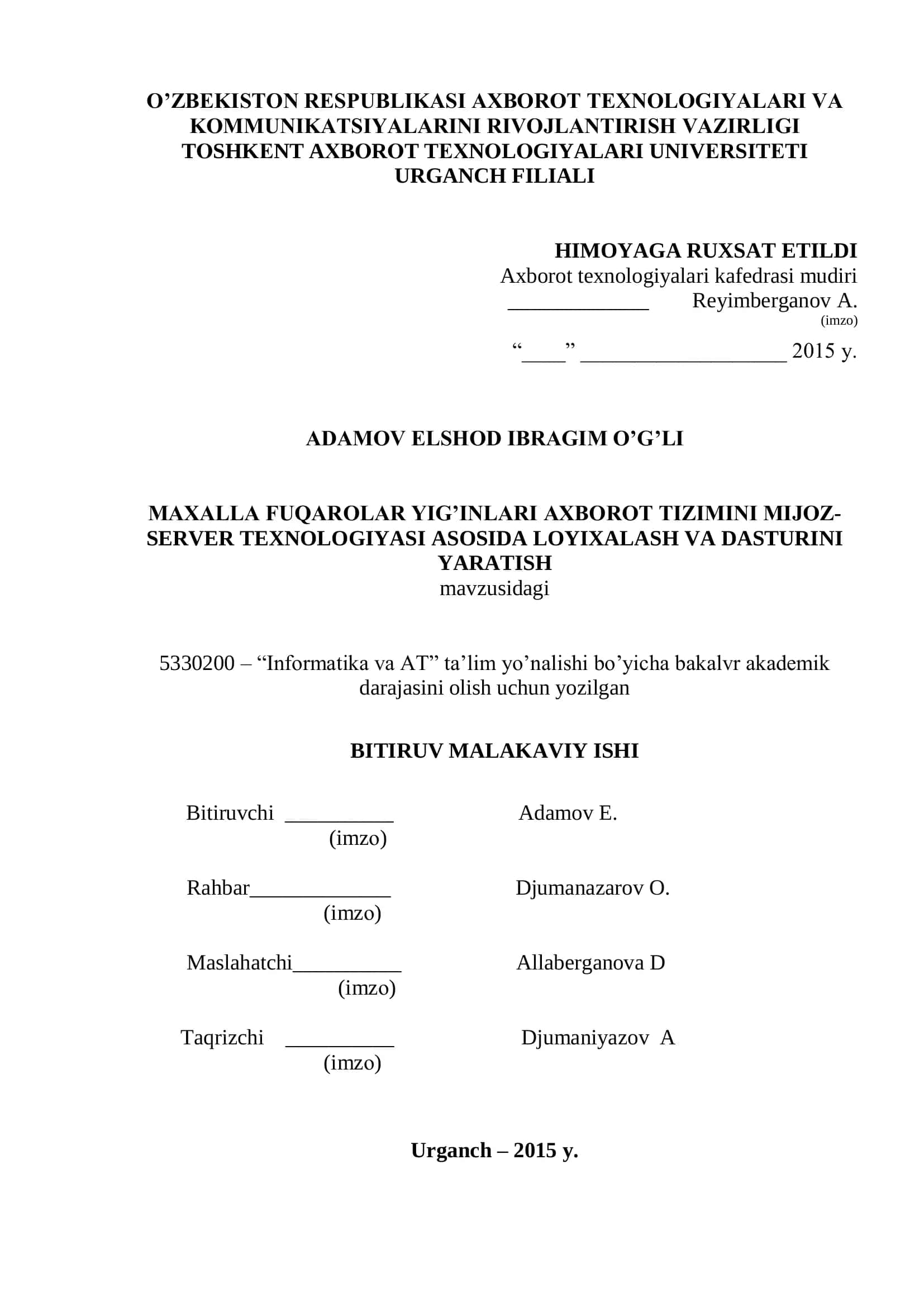 MAXALLA FUQAROLAR YIG’INLARI AXBOROT TIZIMINI MIJOZ-SERVER TEXNOLOGIYASI ASOSIDA LOYIXALASH VA DASTURINI YARATISH