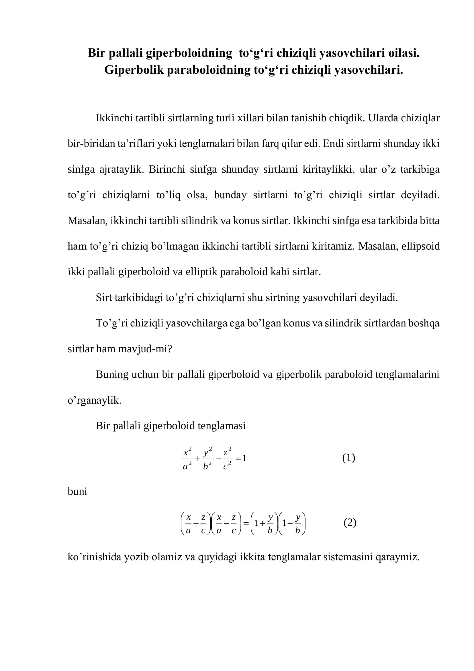 Bir pallali giperboloidning tо‘g‘ri chiziqli yasovchilari oilasi