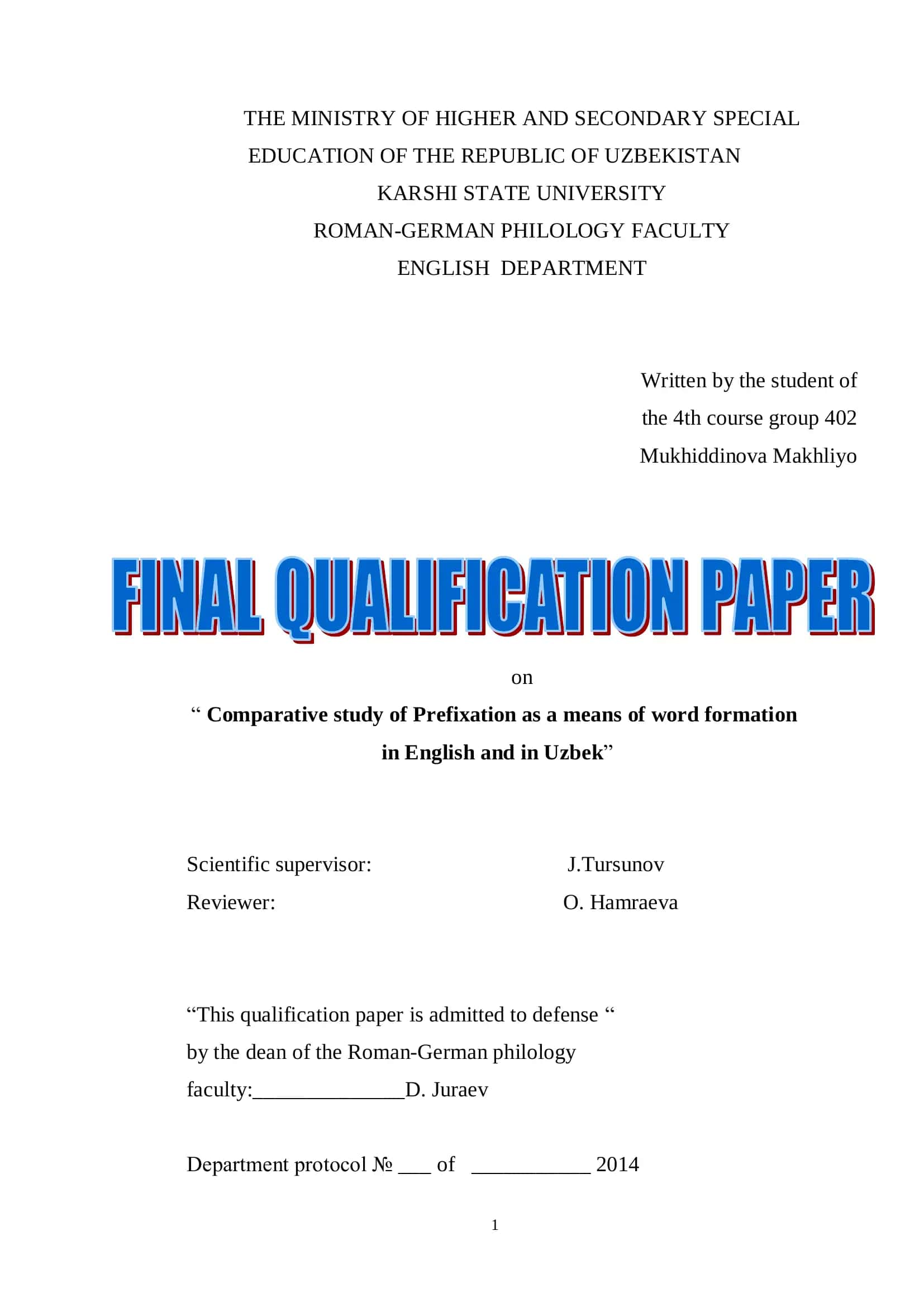 Comparative study of Prefixation as a means of word formation in English and in Uzbek