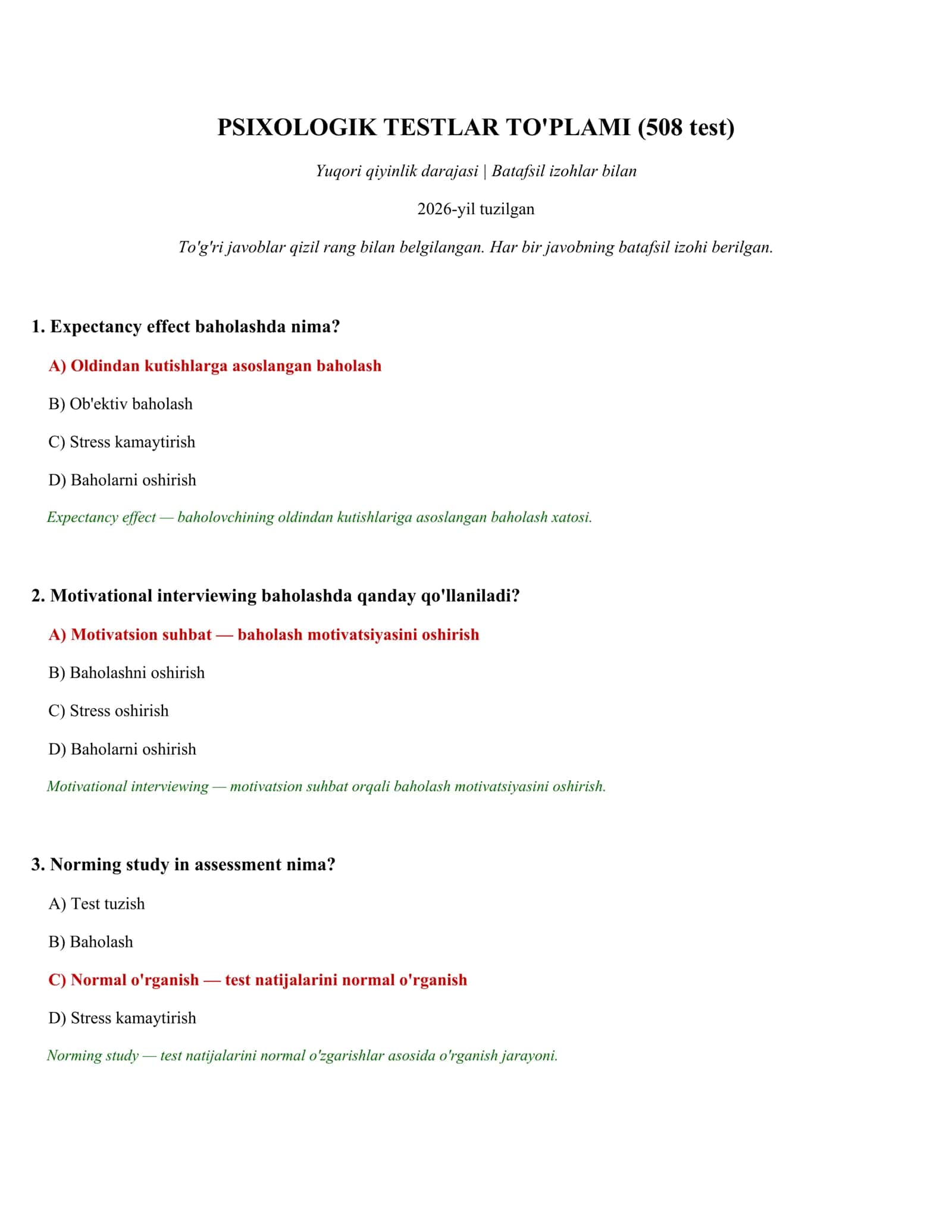 PSIXOLOGIK TESTLAR TO'PLAMI (508 test)