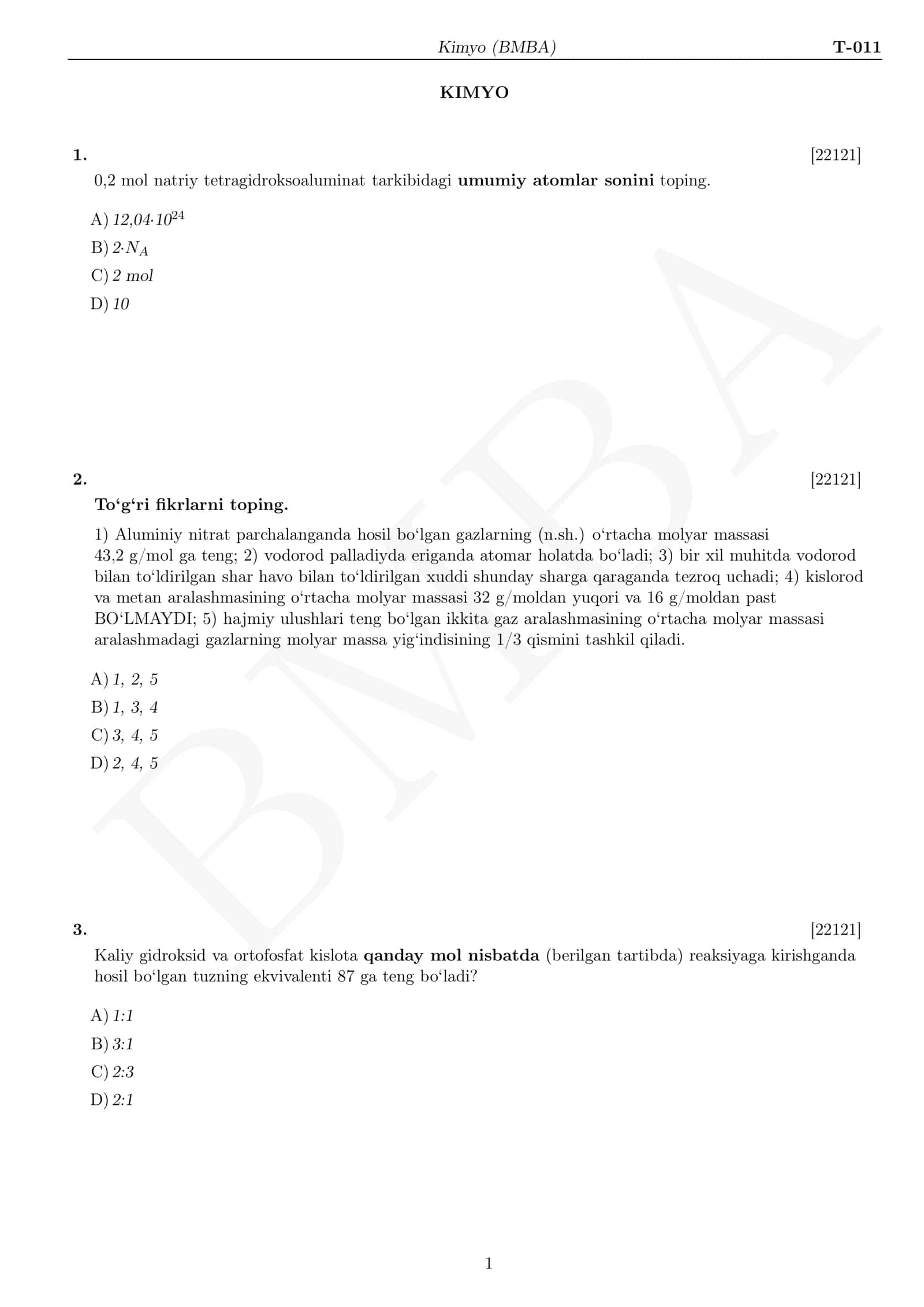 π§ͺ Kimyo fanidan milliy sertifikat namunaviy test