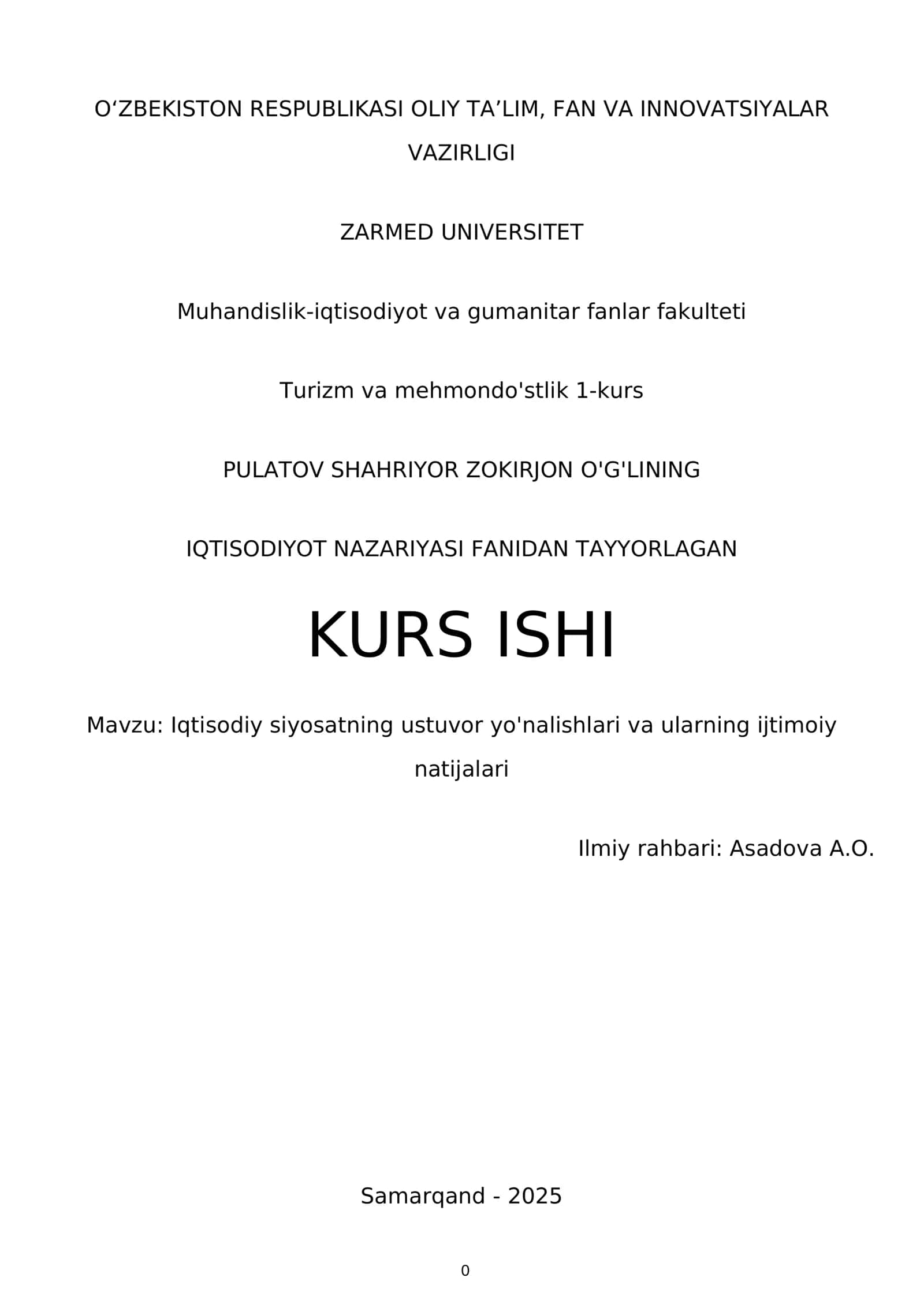 IQTISODIYOT NAZARIYASI FANIDAN TAYYORLAGAN KURS ISHI