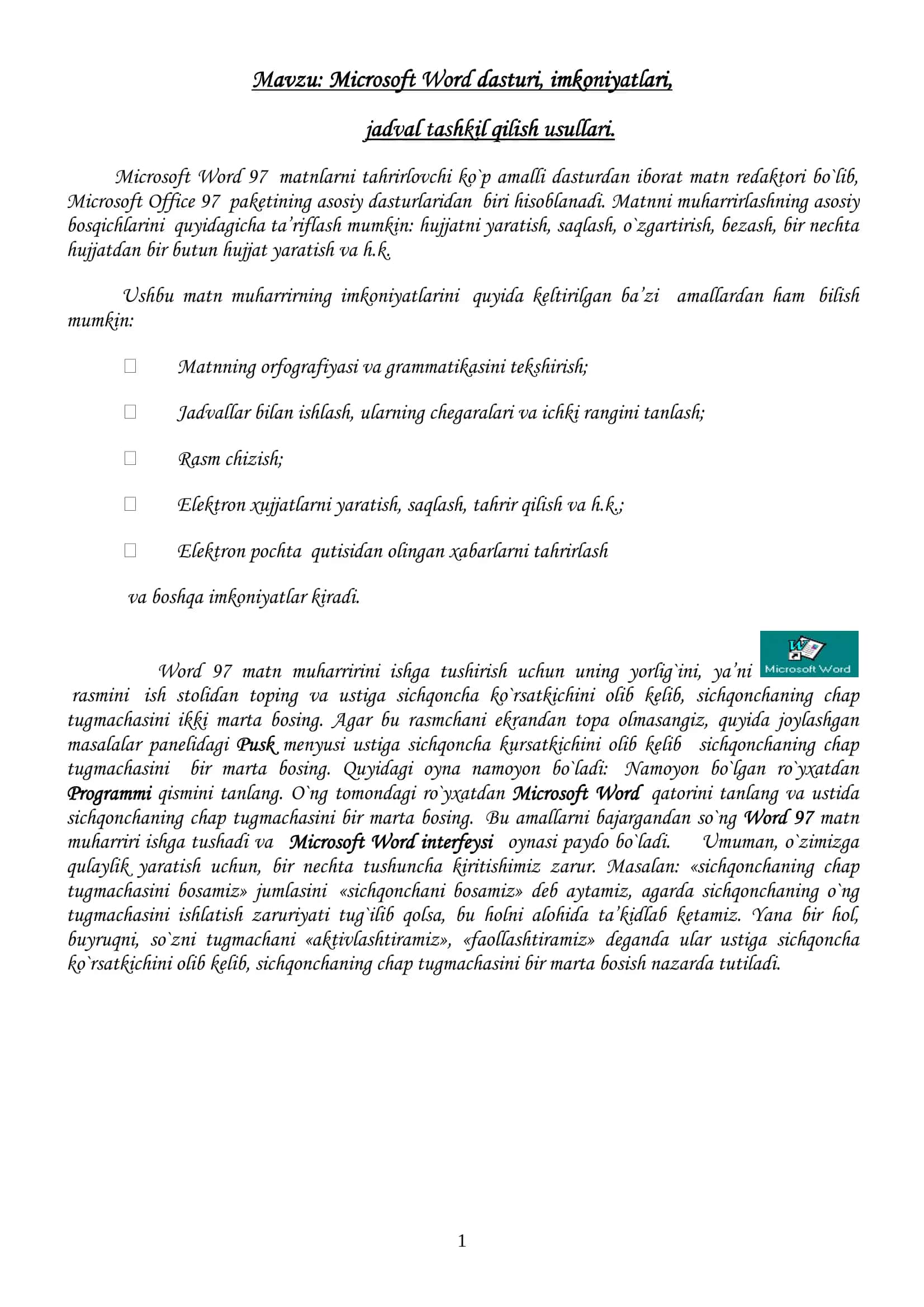 Microsoft Word dasturi, imkoniyatlari