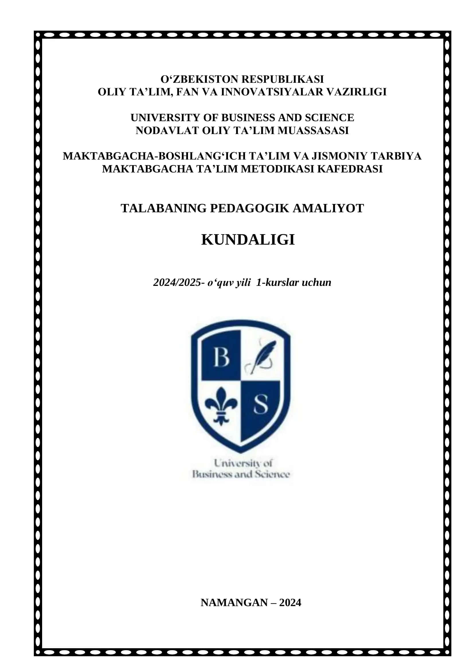 Talabalar uchun pedagogik amaliyot kunlik