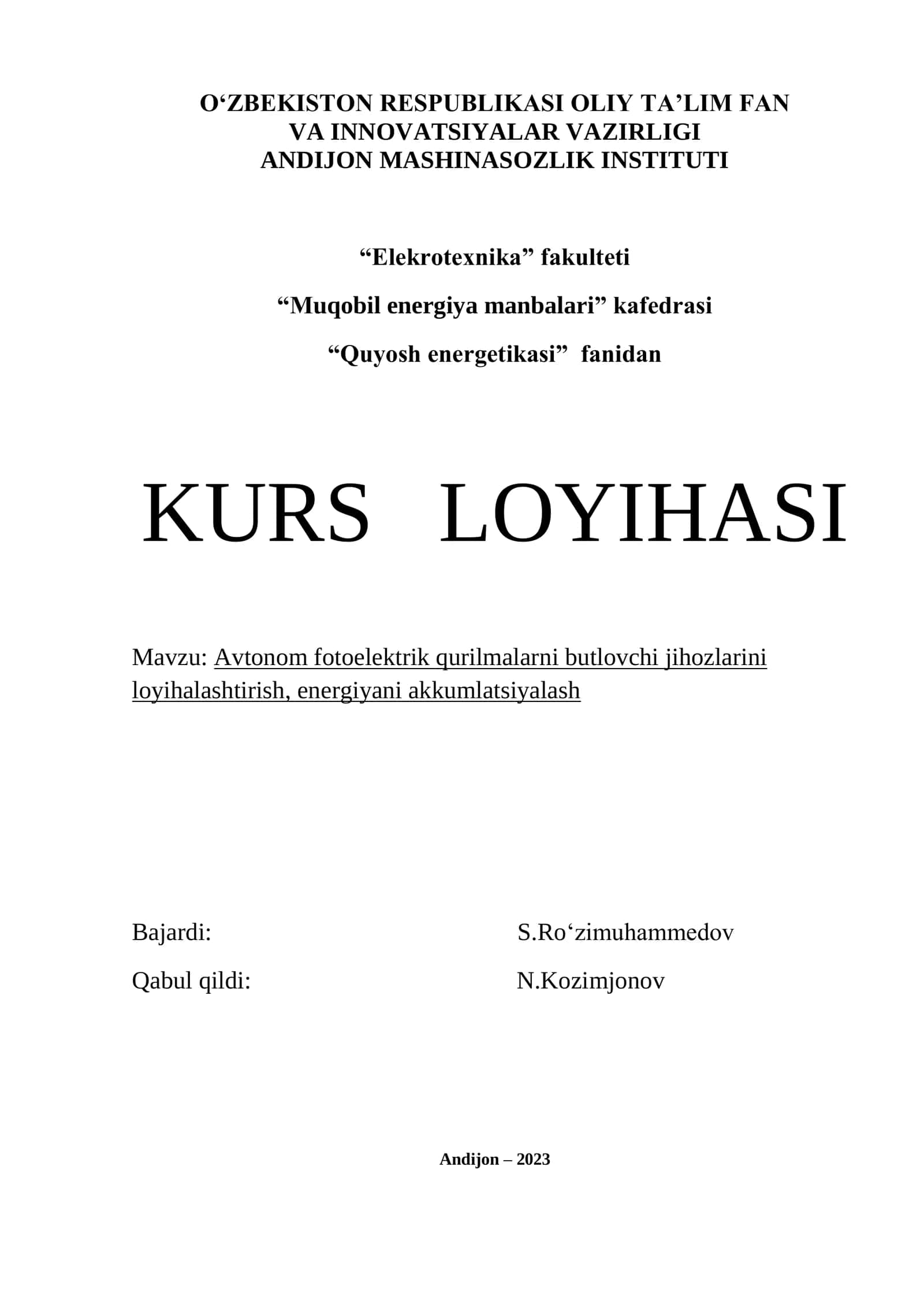 Avtonom fotoelektrik qurilmalarni butlovchi jihozlarini loyihalashtirish
