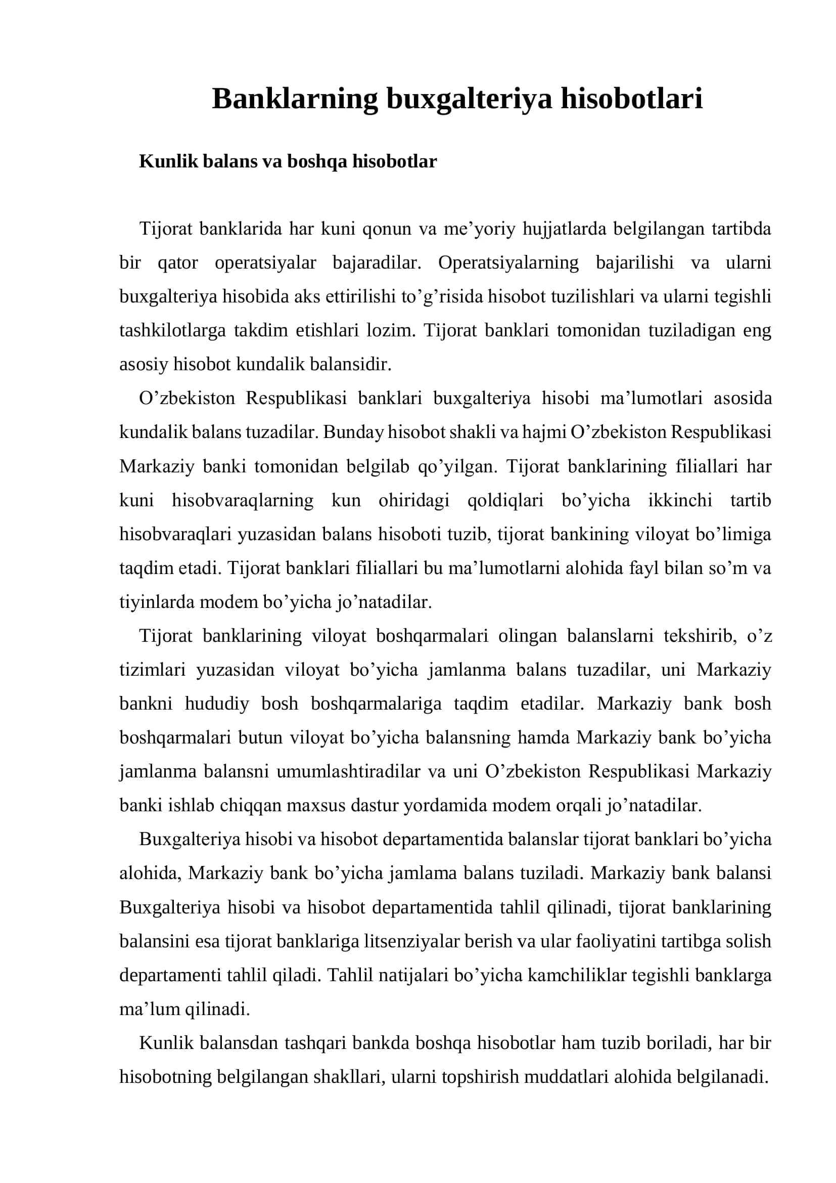 Banklarning buxgalteriya hisobotlari