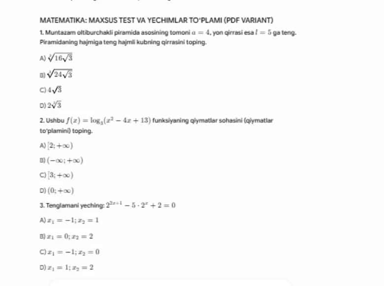 "BMBA/DTM Standartidagi Matematika Testi"
