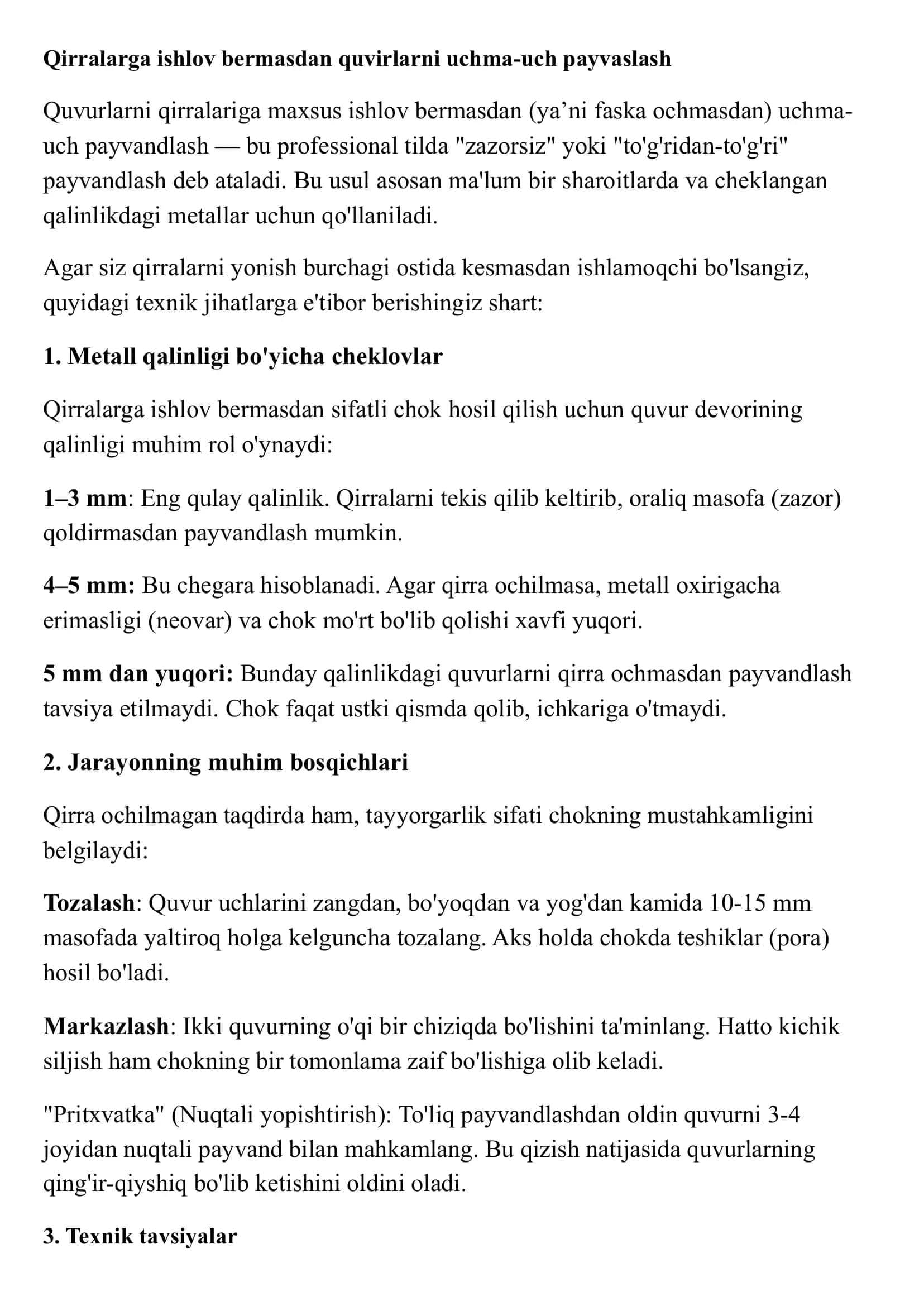 Quvurlarni qirralariga maxsus ishlov bermasdan uchma-uch payvaslash