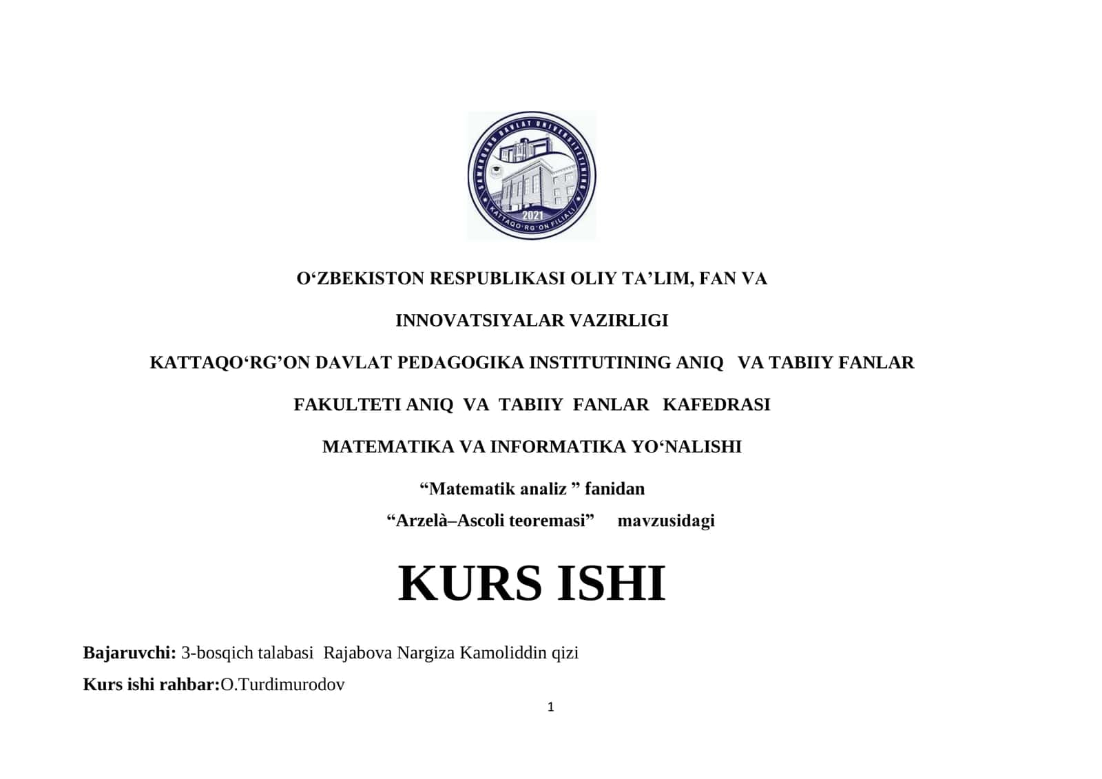 Arzelà–Ascoli teoremasi KURS ISHI