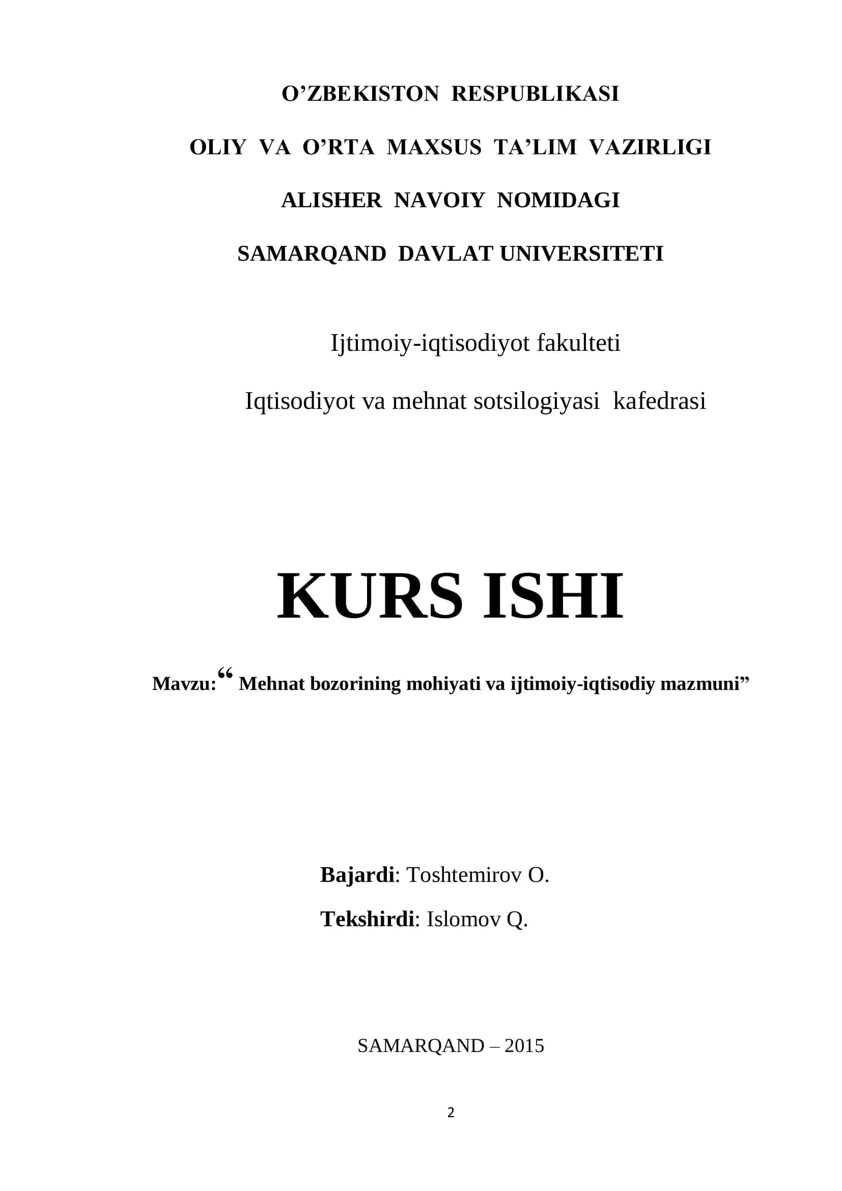 Mehnat bozorining mohiyati va ijtimoiy-iqtisodiy mazmuni