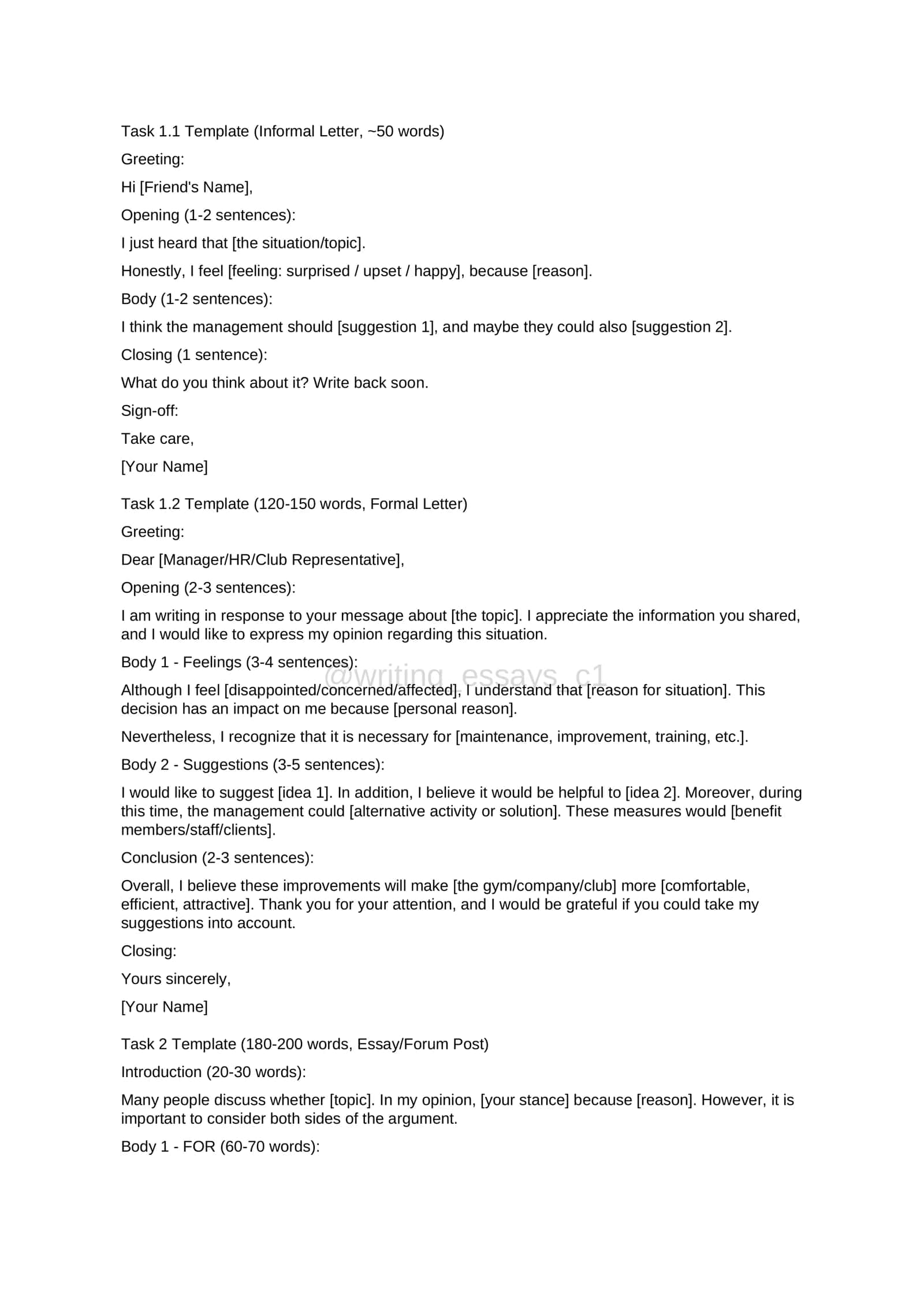 Task 1.1 Template (Informal Letter, ~50 words)