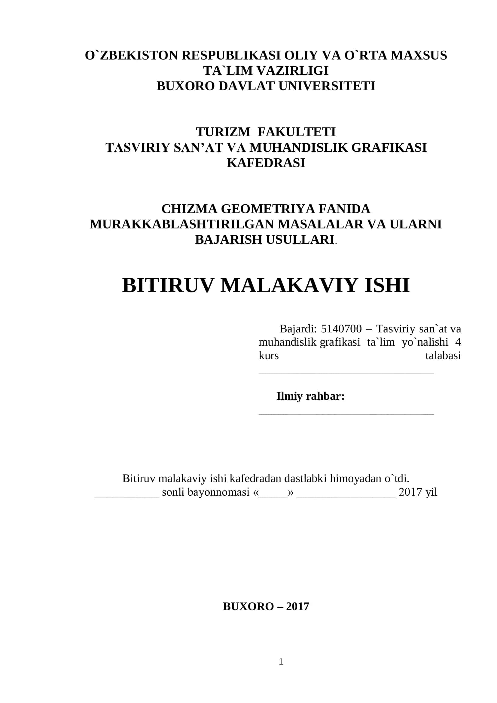 TASVIRIY SAN’AT VA MUHANDISLIK GRAFIKASI KAFEDRASI