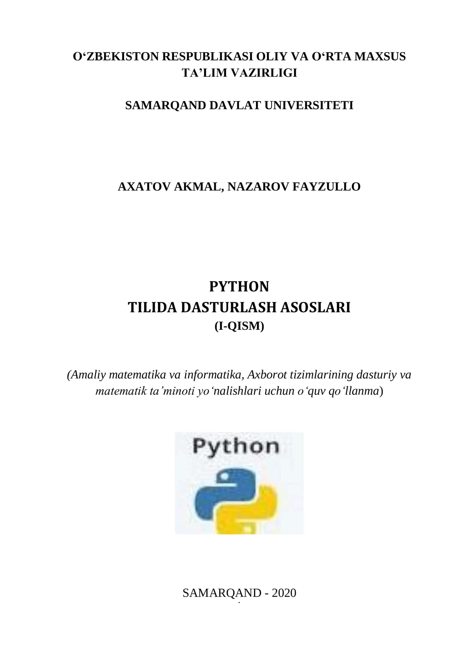 PYTHON TILIDA DASTURLASH ASOSLARI (I-QISM)
