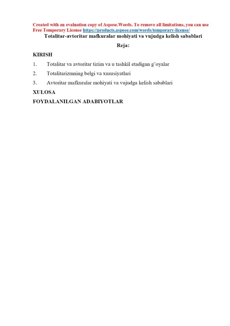 Totalitar-avtoritar mafkuralar mohiyati va vujudga kelish sabablari