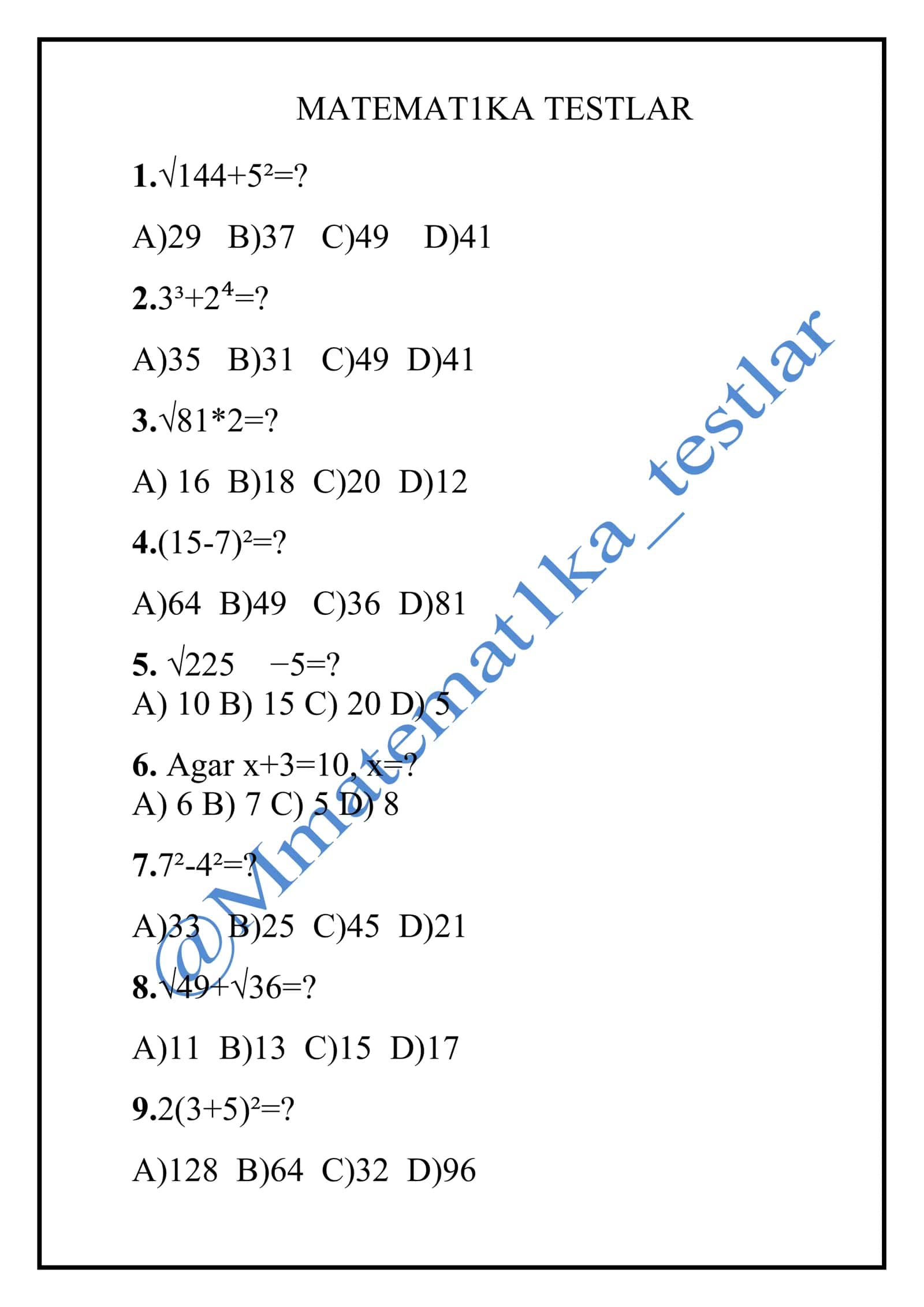 Matematikaga oid testlar
