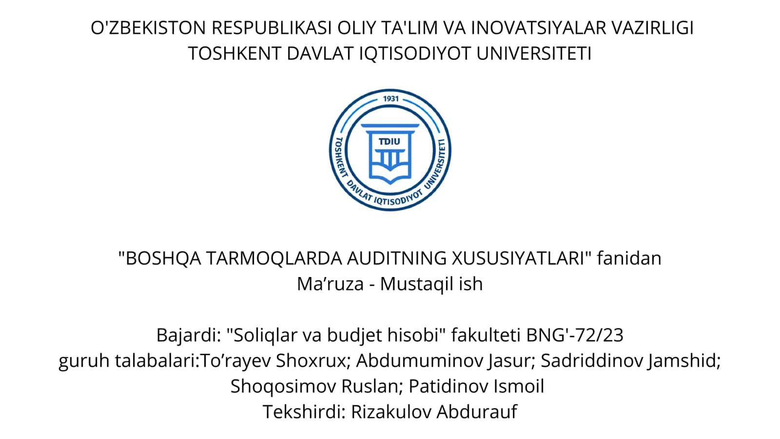 BOSHQA TARMOQLARDA AUDITNING XUSUSIYATLARI