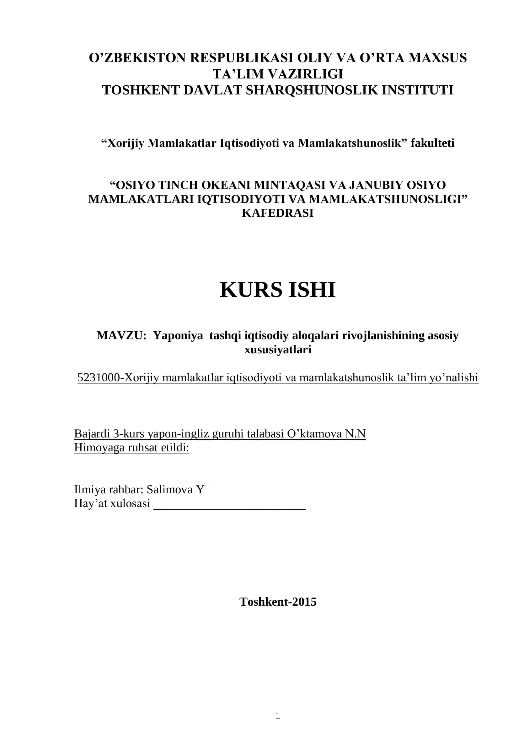 Yaponiya tashqi iqtisodiy aloqalari rivojlanishining asosiy xususiyatlari