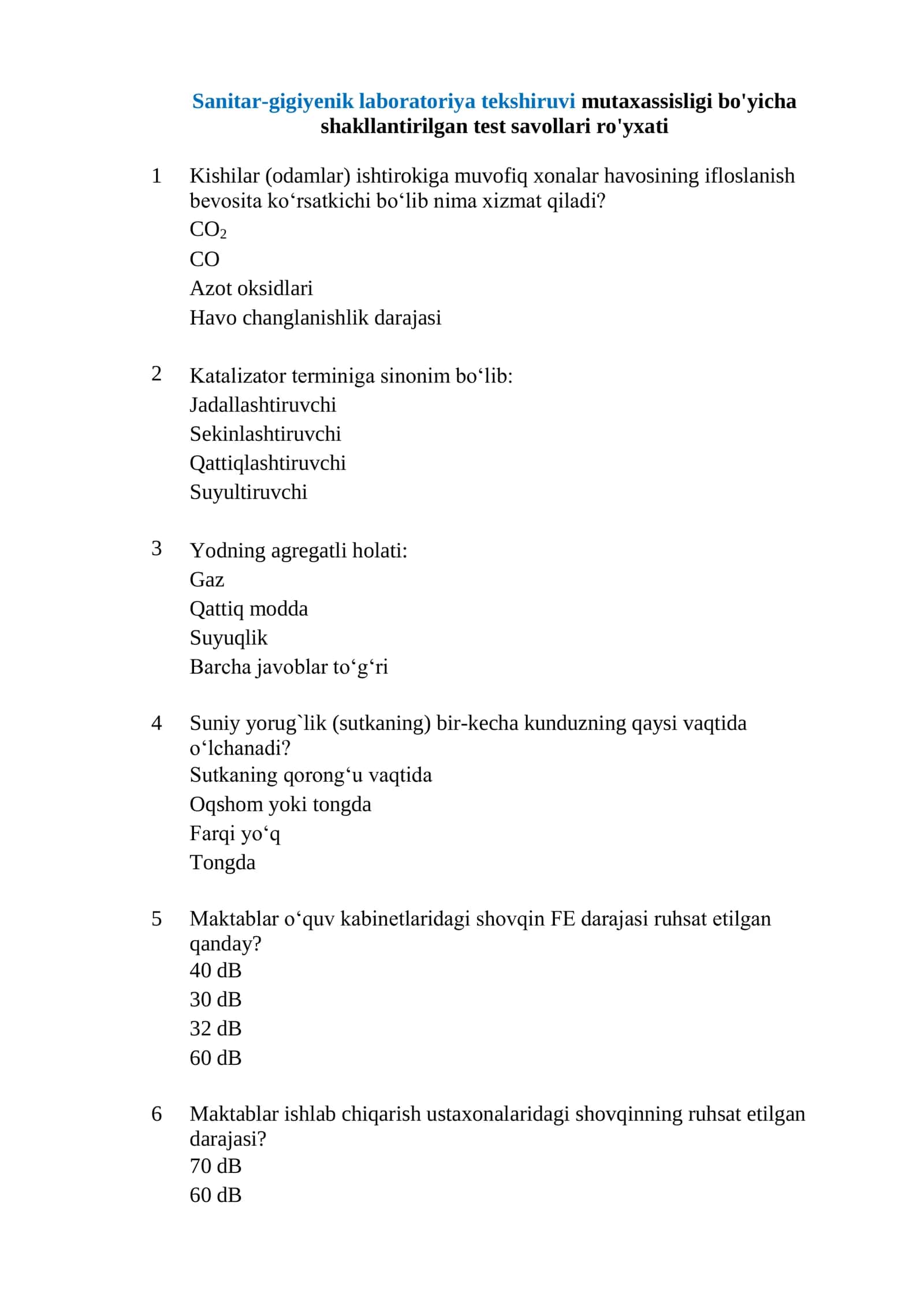 Sanitar-gigiyenik laboratoriya tekshiruvi mutaxassisligi bo'yicha shakllantirilgan test savollari ro'yxati