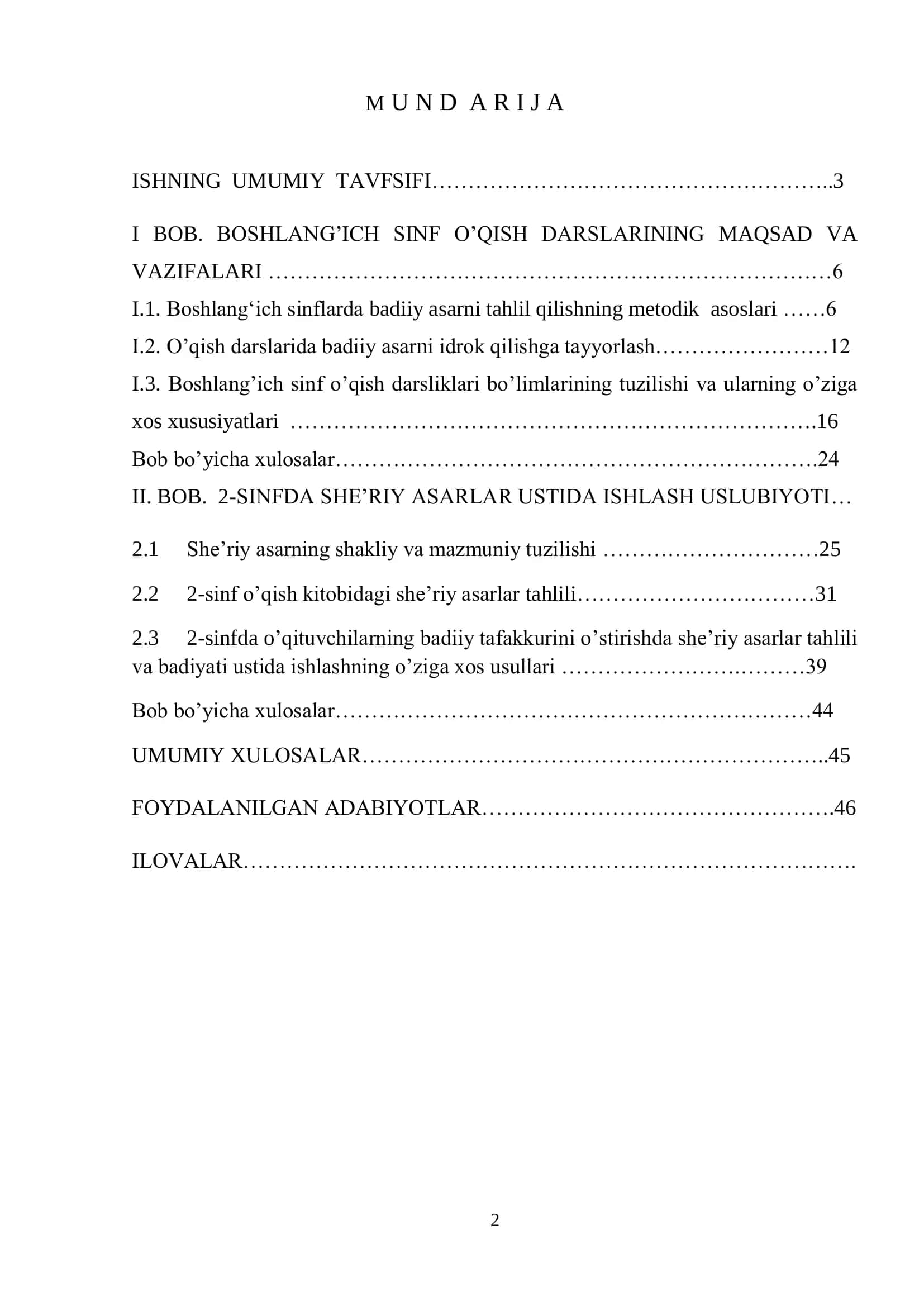 ISHNING UMUMIY TAVFSIFI
