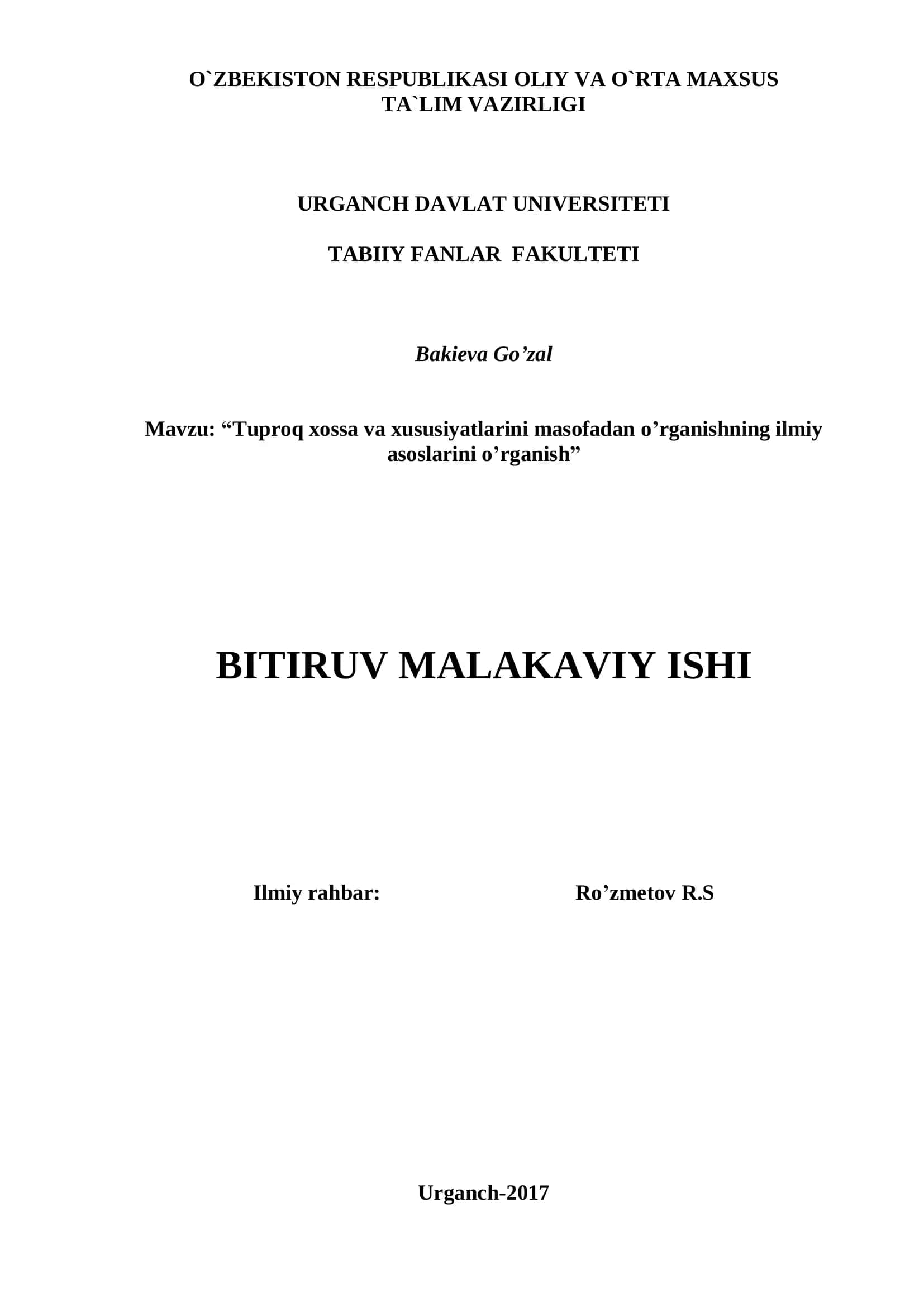 Tuproq xossa va xususiyatlarini masofadan o’rganishning ilmiy asoslarini o’rganish