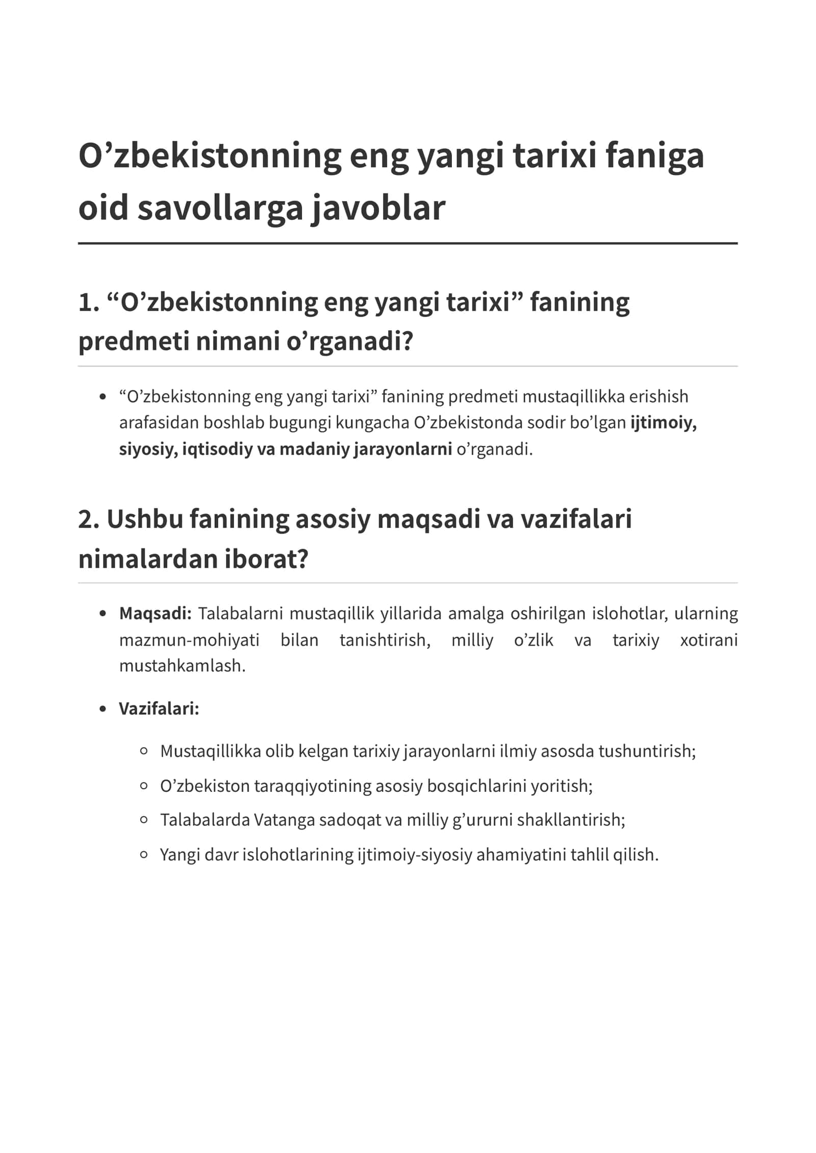 O’zbekistonning eng yangi tarixi faniga oid savollarga javoblar