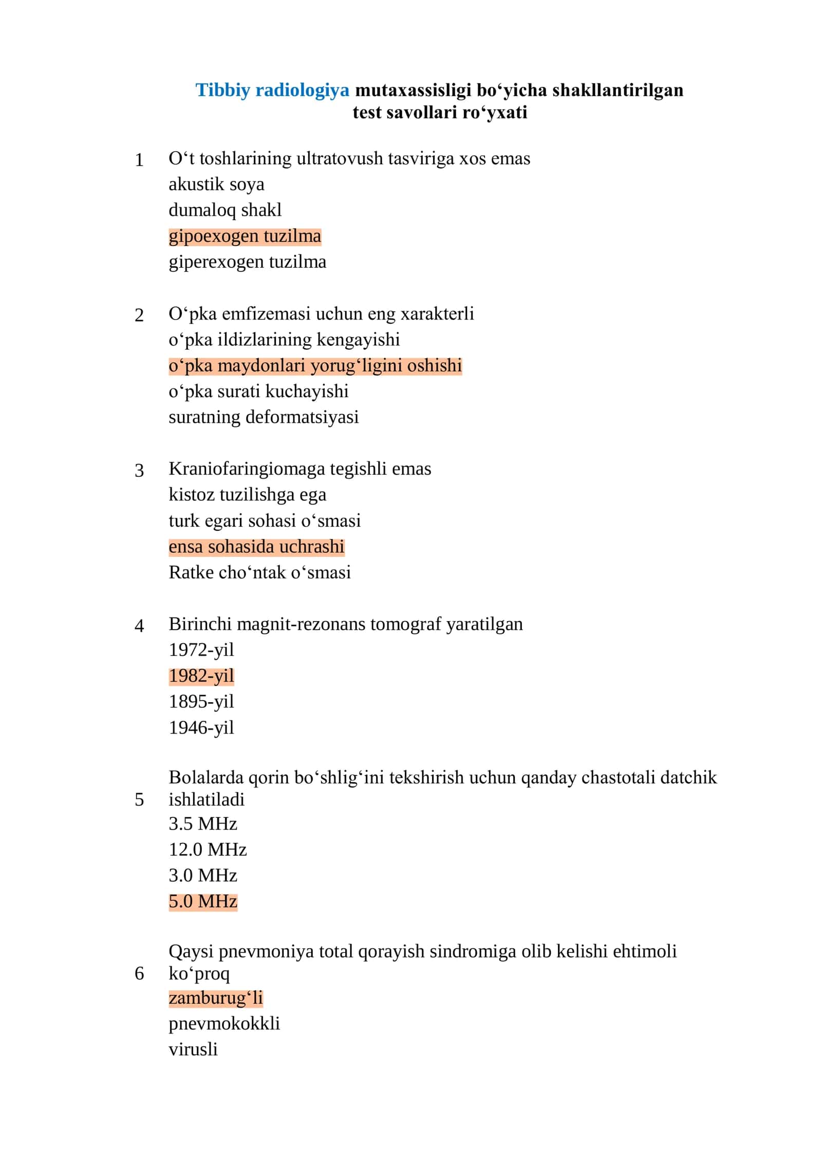 Tibbiy radiologiya mutaxassisligi boʻyicha shakllantirilgan test argos