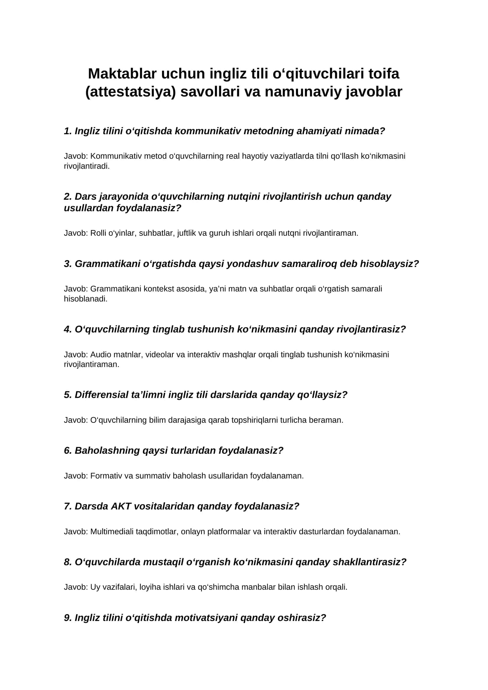 Maktablar uchun ingliz tili o‘qituvchilari toifa (attestatsiya) savollari va namunaviy javoblar
